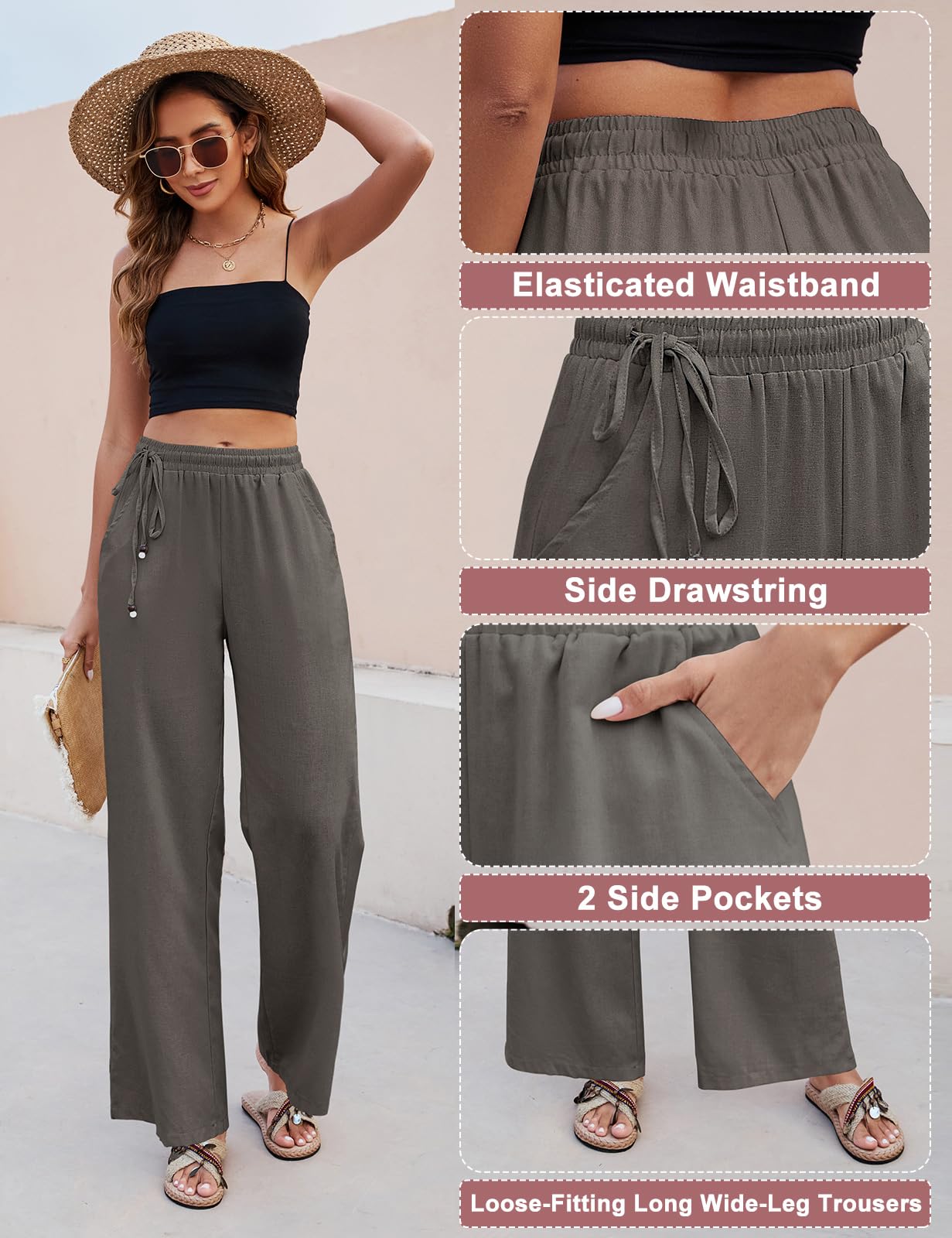 PASUDA Pantaloni Donna Pantaloni in Lino Estivi Larghi da Donna Eleganti Elastico Vita Alta Pantaloni Gamba Dritta Casual Leggeri Pantalone con Tasche e Coulisse Laterale