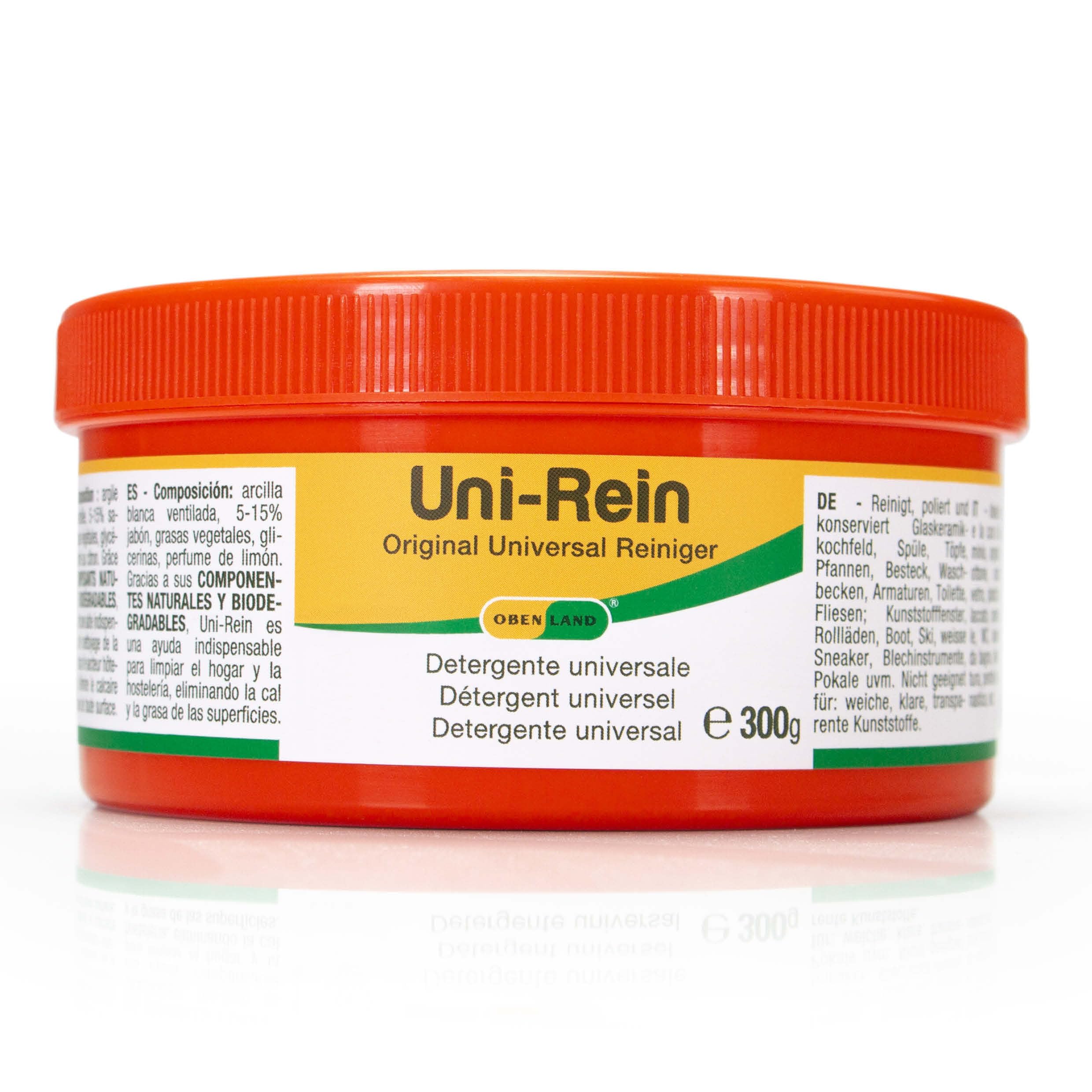 Obenland Uni-Rein Detergente solido per la pulizia ecologica - Pulitore universale per tutte le superfici in cucina, bagno, WC e rubinetti, finestre, sneakers. 3 barattoli da 300g, con 3 spugne