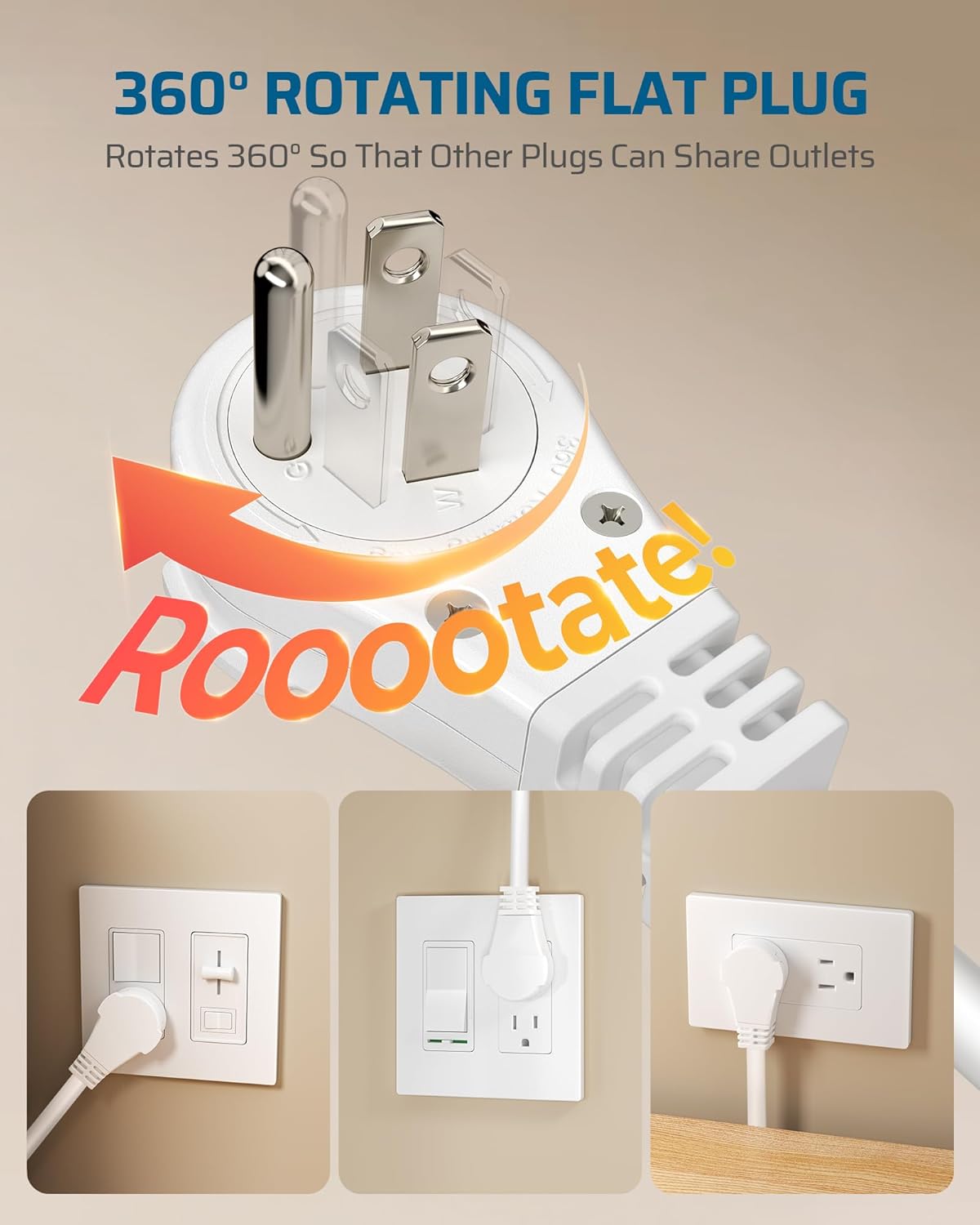 DEWENWILS 360° Rotating Flat Plug Extension Cord, 15FT Extension Cord Rotating Plug, 3 Prong 16/3C Grounded Flat Power Cable for Indoor Narrow Space, 13A/125V/1625W SJT-3, ETL Listed, White