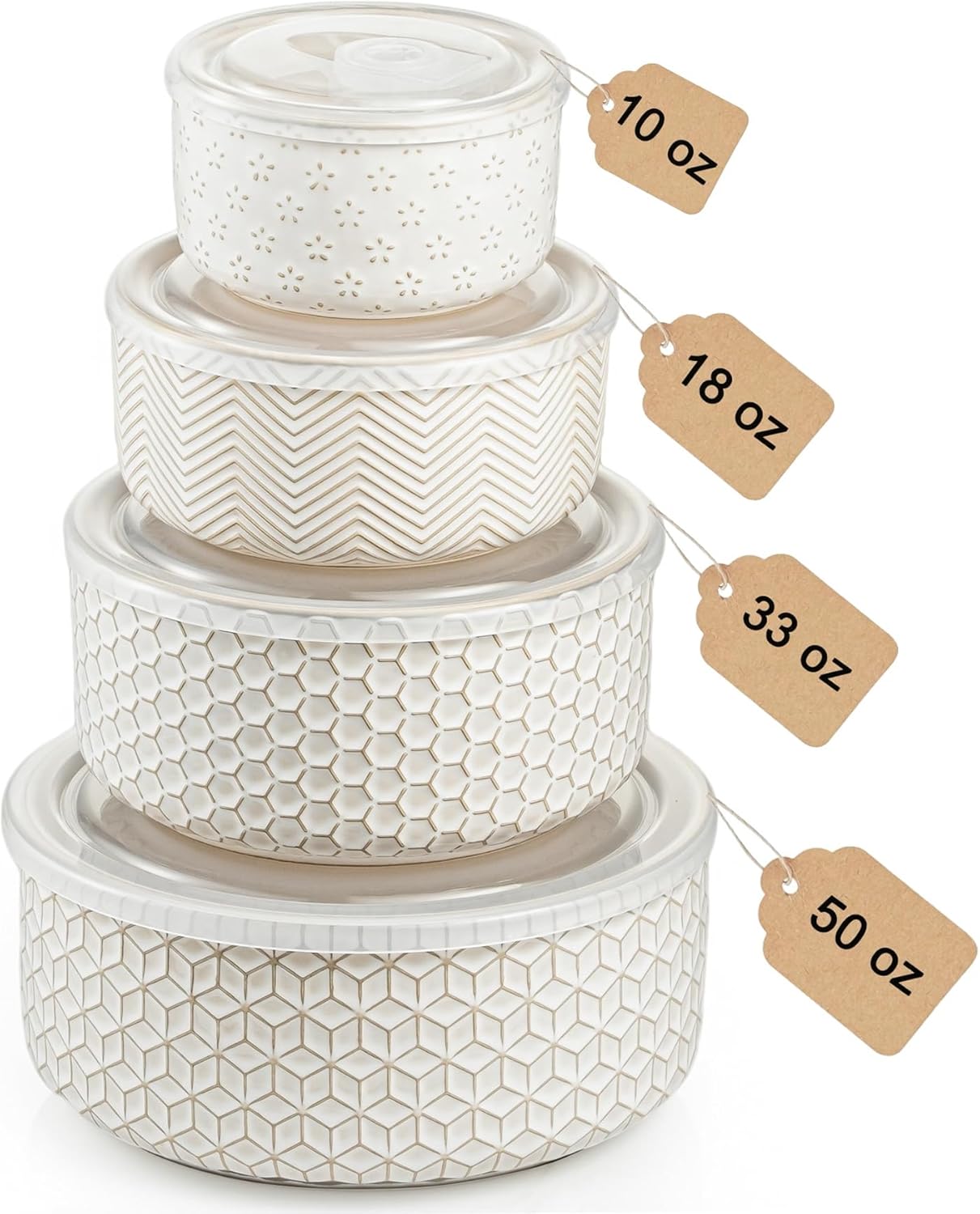 Serving Bowls with Lids, Ceramic Embossed Nesting Mixing Bowls, Set of 4, Serving Bowls Set for Food Storage, Popcorn, Salad etc, Microwave & Dishwasher Safe, 10/18/33/50 OZ, Off-White