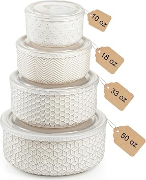 Serving Bowls with Lids, Ceramic Embossed Nesting Mixing Bowls, Set of 4, Serving Bowls Set for Food Storage, Popcorn, Salad etc, Microwave & Dishwasher Safe, 10/18/33/50 OZ, Off-White