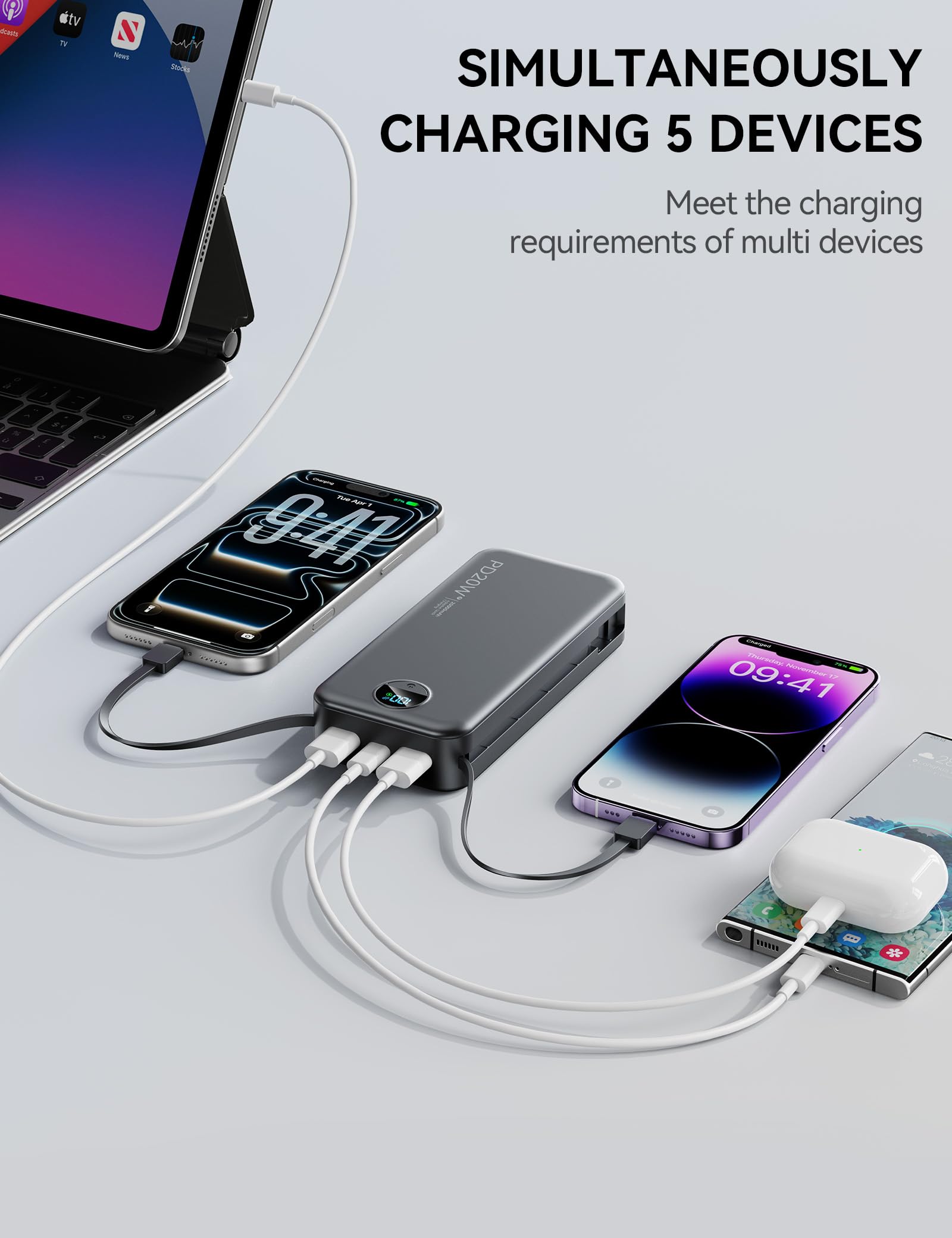 Nusyddy Caricabatterie portatile con cavo integrato e spina a muro AC, USB C Power Bank 20000 mAh 22,5 W, ricarica super veloce, caricabatterie portatile leggero per telefono, batteria da viaggio per