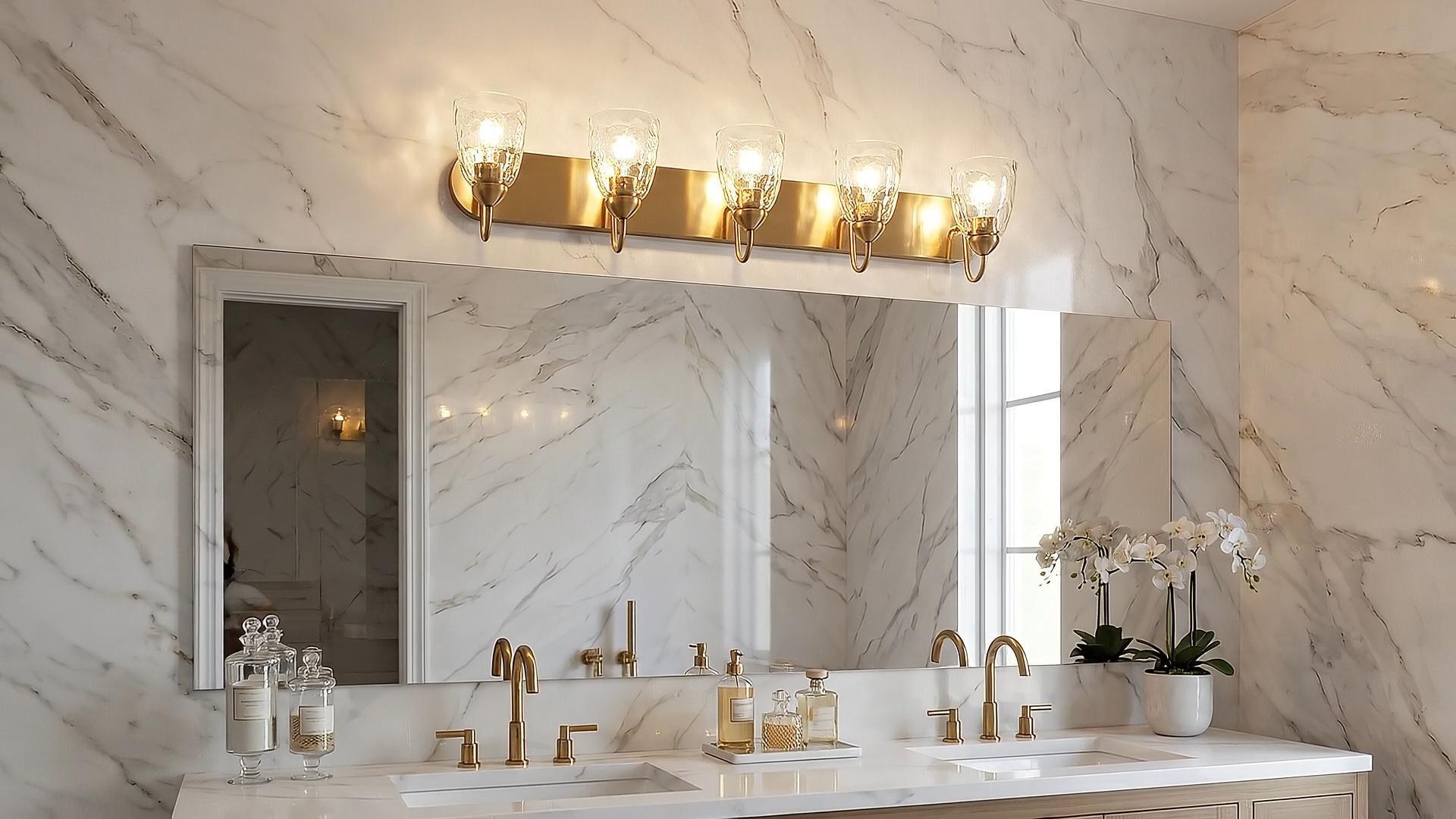 Image of Kira Home Armada 37 inch Large Modern 5-Light Bathroom Vanity Light | Elegant Hammered Water Glass Cone Shades, Contemporary Cool Brass Finish, Premium Wall Sconce Lighting Fixture