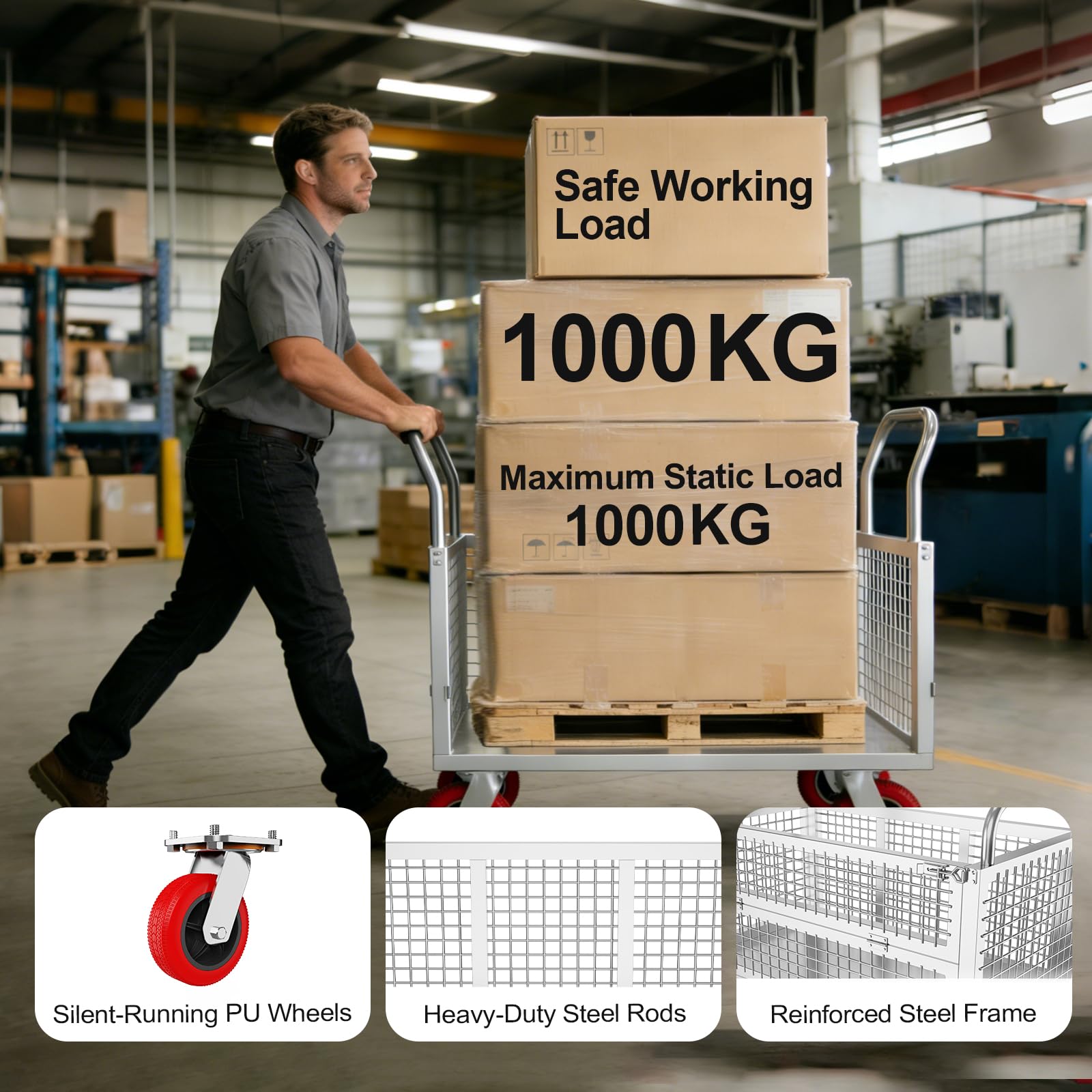 5in1 Schwerlast Plattformwagen 1000kg Traglast, Rollwagen Silber | 112x71 Cm, 15 Cm Geräuschlosen Rädern, Klappbarer, Käfig/Klapptor/3-Seiten/U-förmiger/Flachbett-Plattformwagen
