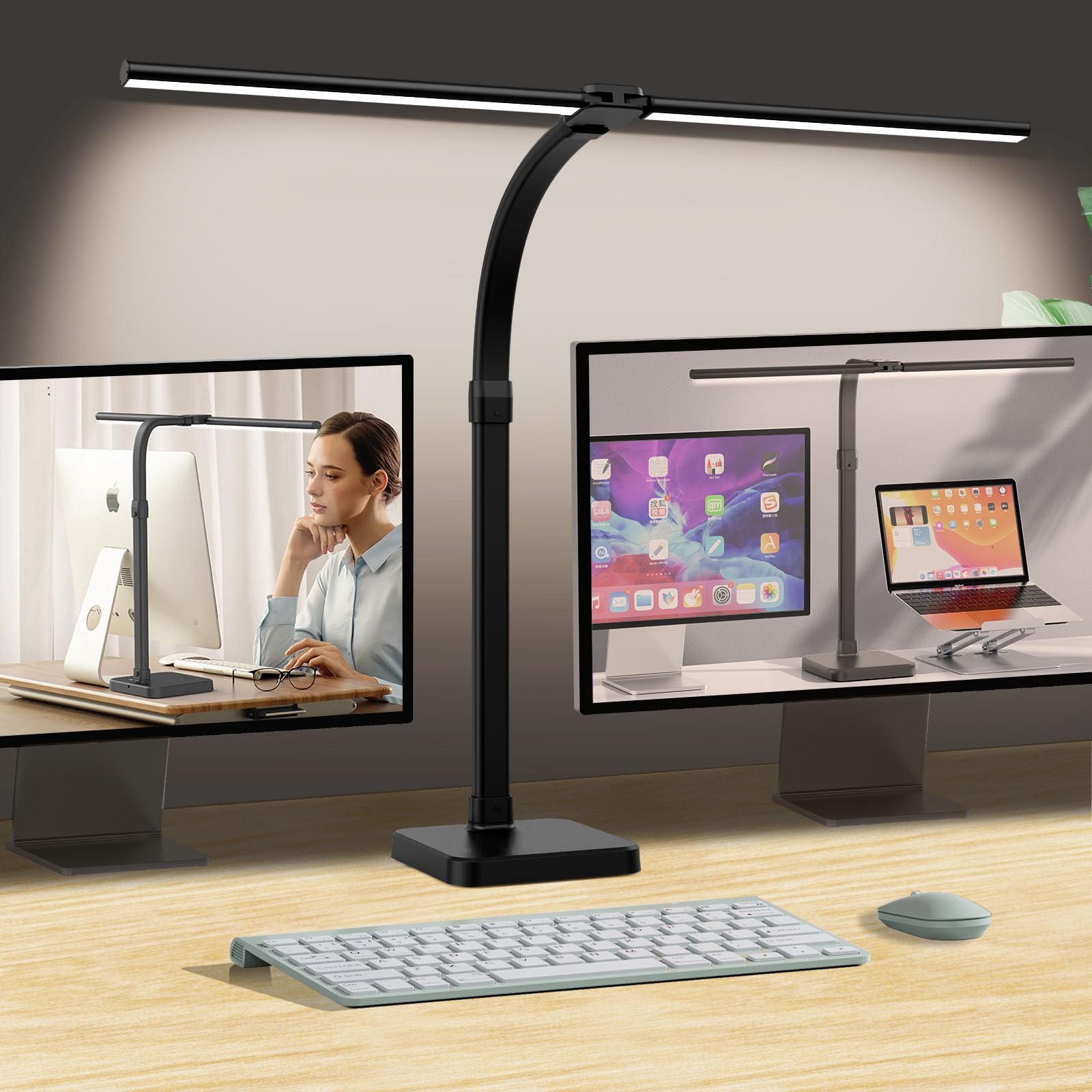 AKRRYR LED Desk Lamp for Home Office, Double Head 24W with Base, Architect Light 5 Lighting Brightness Flexible Gooseneck Table Reading Study, Black