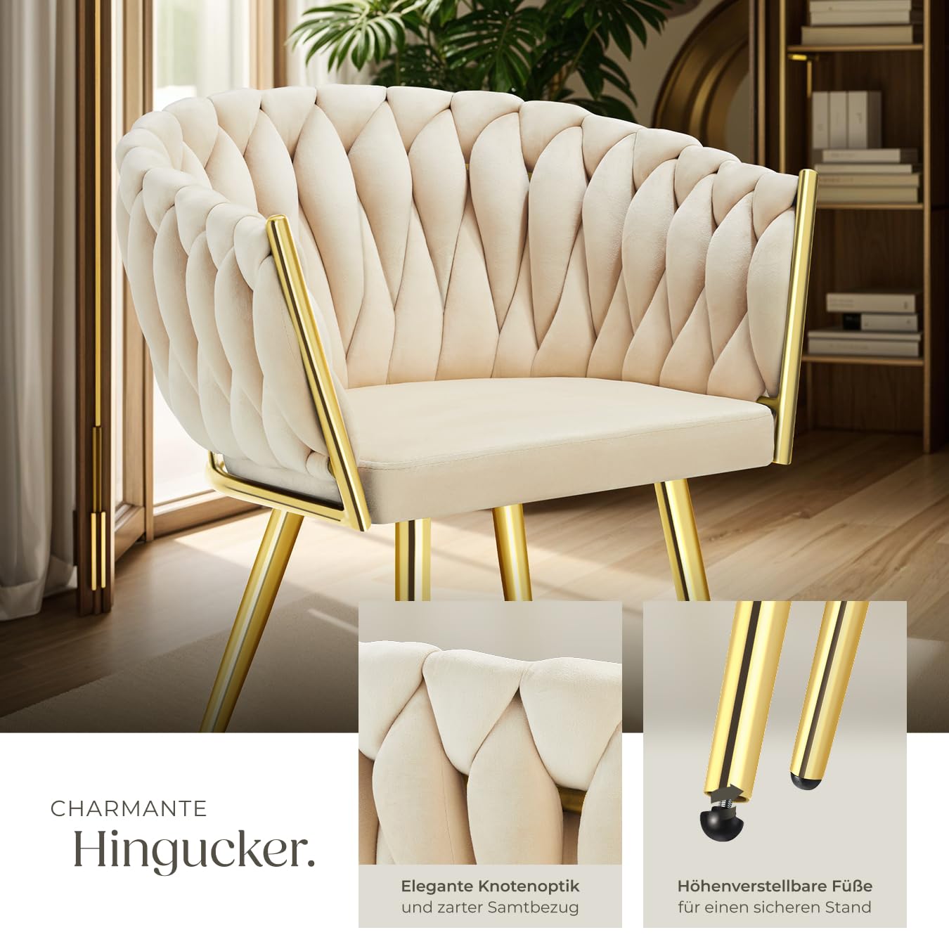 tectake® Samt Stuhl, Schalenstuhl mit Armlehne in Knoten Optik, Esszimmerstühle, Sessel modern für Wohnzimmer, Esszimmer, als Küchenstühle, für Schminktisch, Dining Chair Set - Sand/Gold, 2er Set