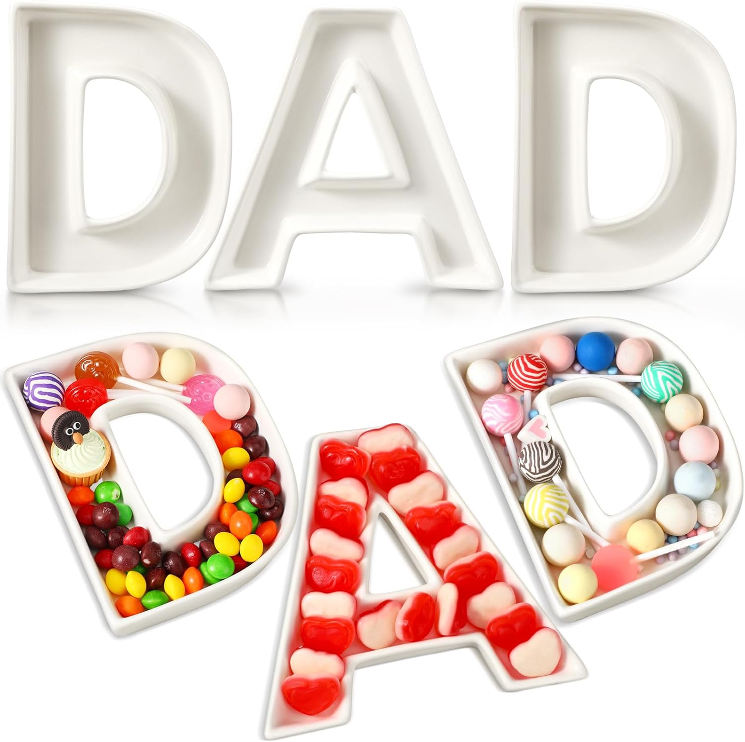 3 Pcs Father's Day Letter Charcuterie Boards Ceramics Dad Fillable Letters Box Small White Reusable Alphabet Food Serving Trays Platter for Candy Father's Day Gifts Party Decoration