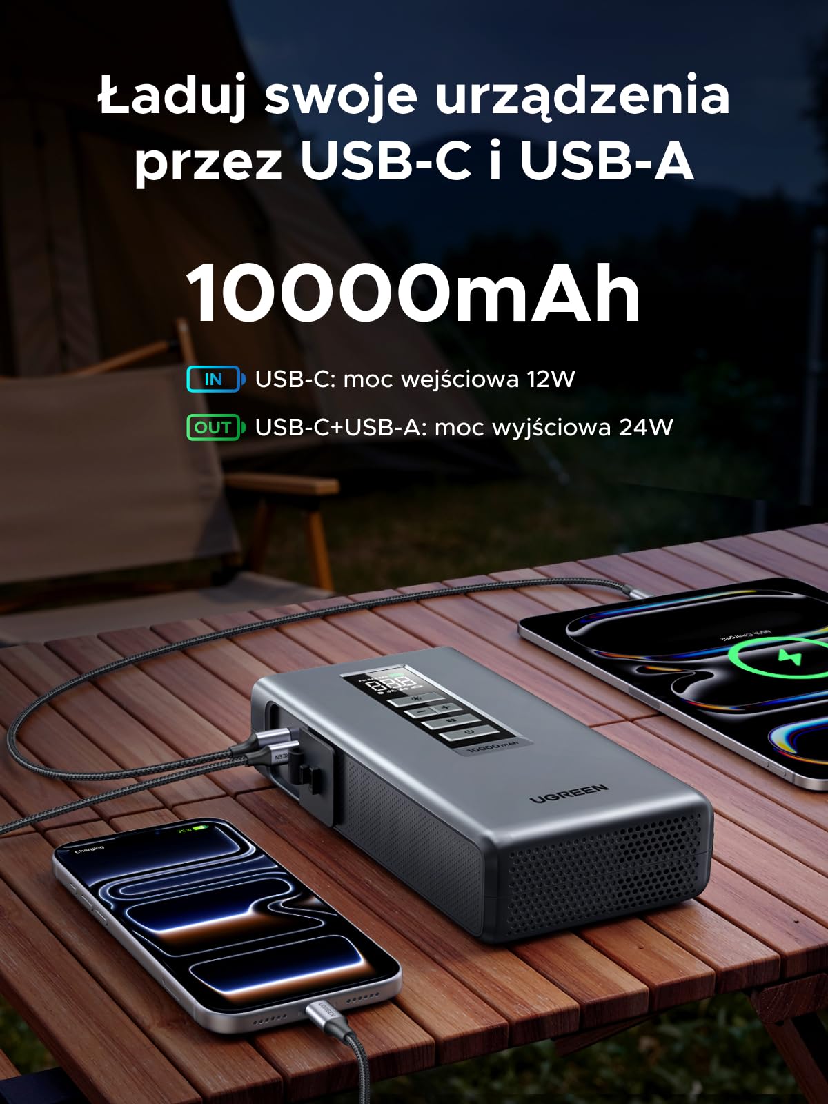 UGREEN 3 w 1 Powerbank 10000 mAh do samochodów z pompką | Ładowarka samochodowa 1000A, duża pojemność, 150 psi, akumulator samochodowy 12 V do benzyny i oleju napędowego, przenośna
