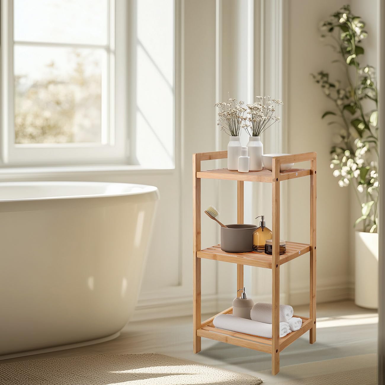 Rosenstein & Söhne mensola da Bagno: Scaffale da Terra in bambù, Colori-bambù, 30 x 30 x 70 cm, 3 Ripiani (scaffale in, per Utensili Cucina, spezie)