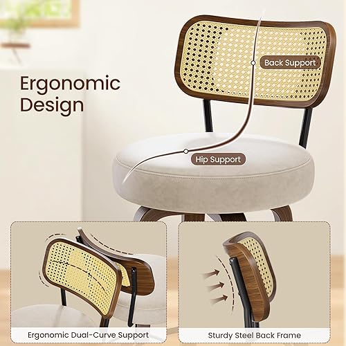 Miniatura 5 de Juego de 2 taburetes de bar giratorios de piel sintética de 26 pulgadas de altura de mostrador con respaldo de ratán y patas de madera curvada de