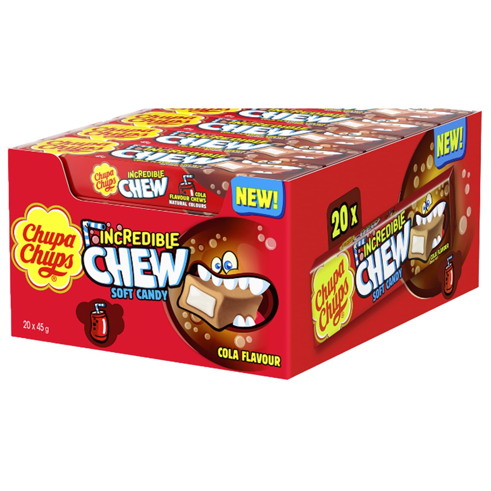 Chupa Chups Incredible Chew Cola, Gusto Cola, Caramelle Morbide, Confezione da 20 Stick, Incredibile Esplosione di Gusto