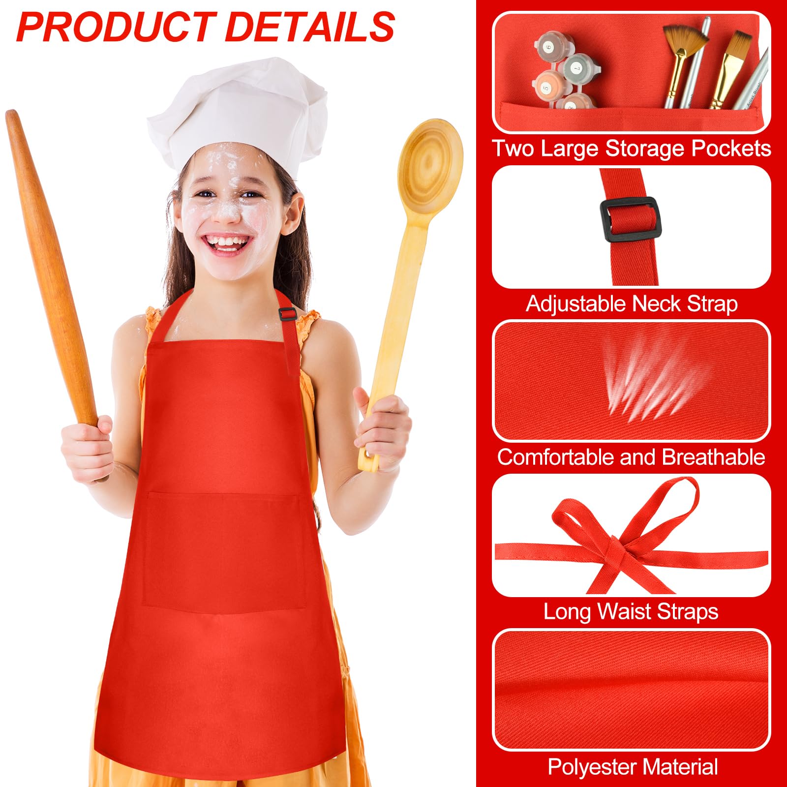 Morcheiong 8 Pack Adjustable Kids Apron Bulk with 2 Pockets Toddler Apron Kids Painting Aprons for Cooking Baking Paiting Boys Girls (Red) - Image 3