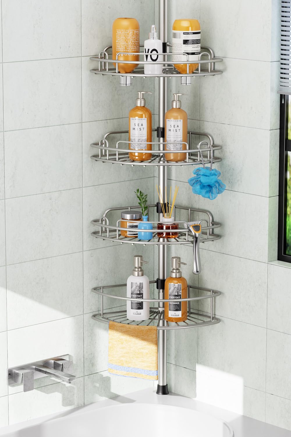 HAMITOR Shower Caddy Tension Pole: 4-Tier Rustproof Bathroom Corner Shelf Organizer for Renter - No Drill Large Shampoo Storage Rack - Adjustable 47-121