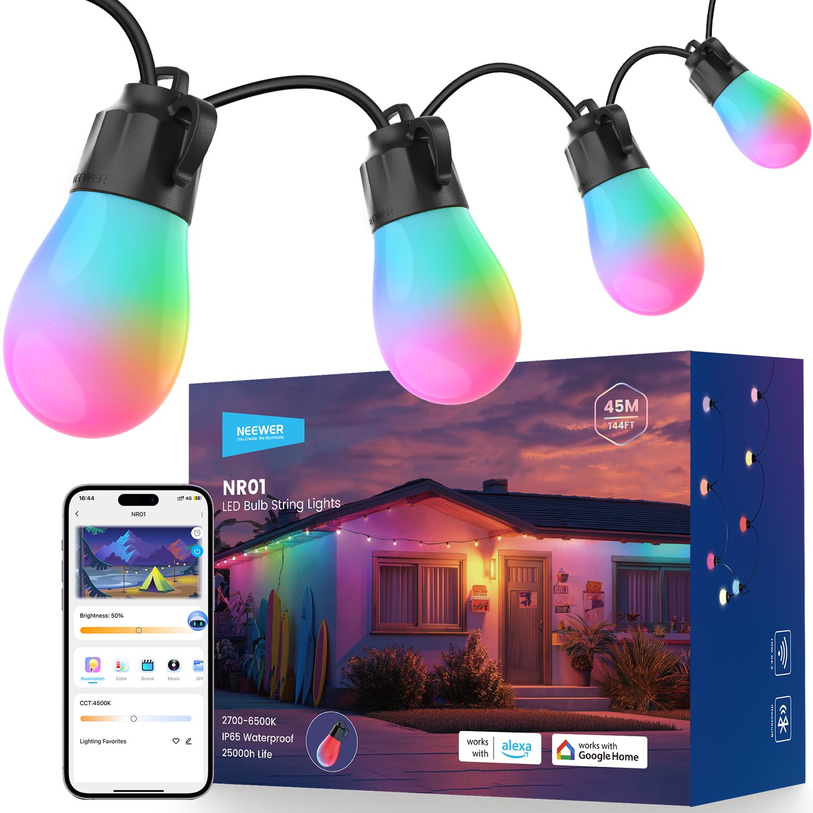 NEEWER 144ft Outdoor String Lights, App Control Smart AI RGBW Dimmable Patio Balcony Backyard Outside Hanging Lighting, IP65 Waterproof, 45 LED Bulbs, 50+ Scenes, Compatible with Alexa Google, NR01