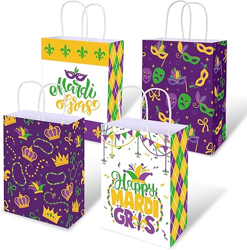Whaline Paquete de 20 bolsas de regalo de papel Mardi Gras con asa, corona de mascarada, patrón de monedas, bolsas de regalo de carnaval, bolsas de