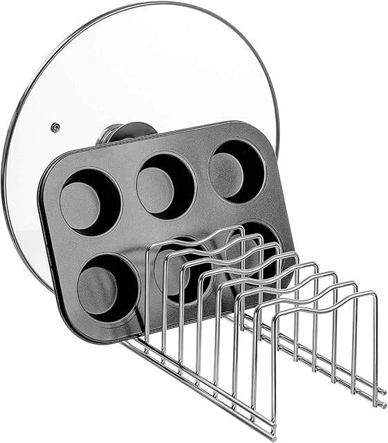 SANNO Pot Lid Holder Pan Lid Organizer Rack Cupboard Organizer Rack, Kitchen Organizer Rack for Pot Lids, Plates, Cutting Boards, Bakeware, Cooling Rack, Serving Trays, Stainless Steel, Pack of 1