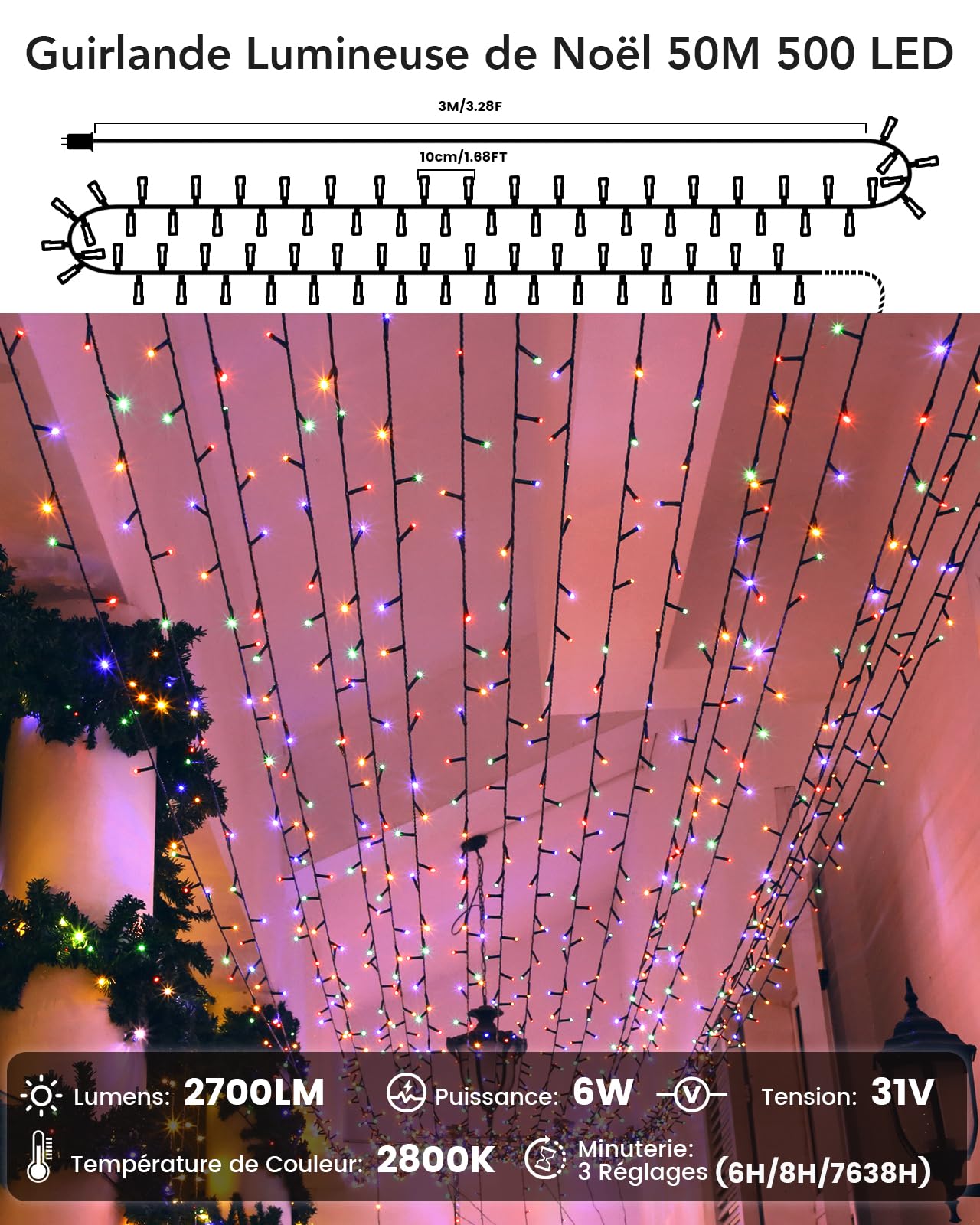 Guirlandes Lumineuses de Noël 50 m, 500 LED, Guirlande Lumineuse avec 11 Modes, IP44, Décoration pour Noël, Fête, Mariage, Patio, Jardin, Festival (Blanc Chaud et RVB)