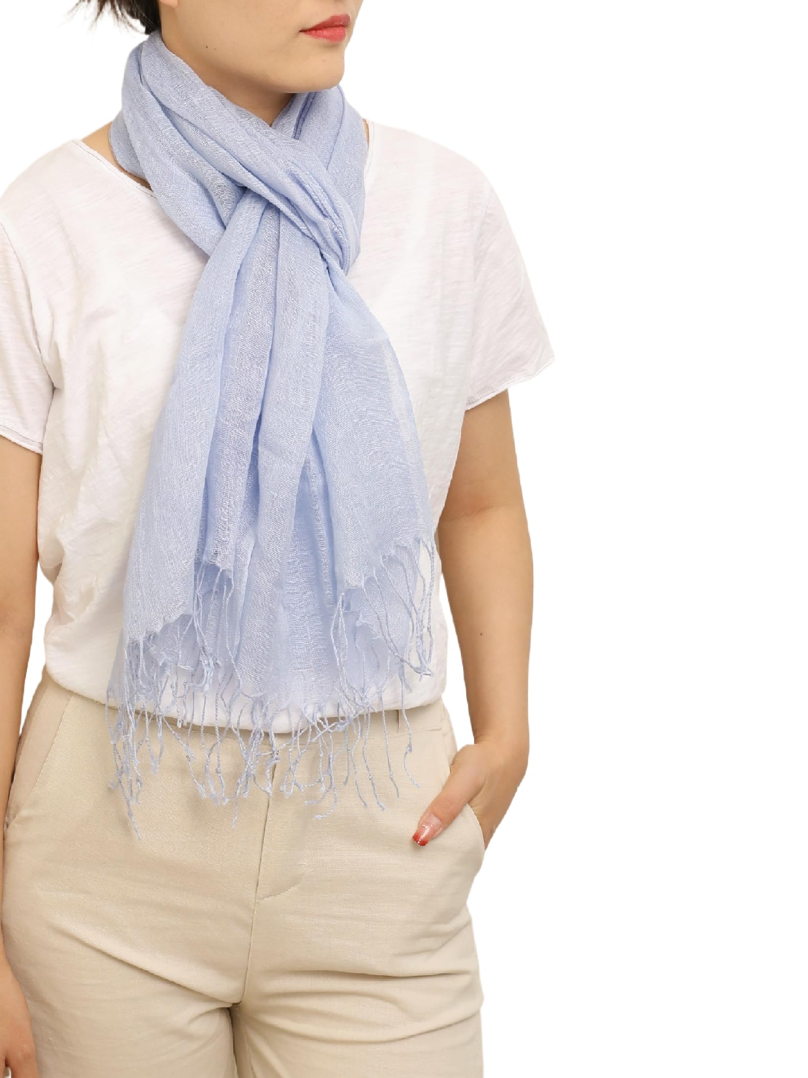 Prettystern uni coloured plain loose woven fringes 100% linen spring summer shawl - T13 light blue