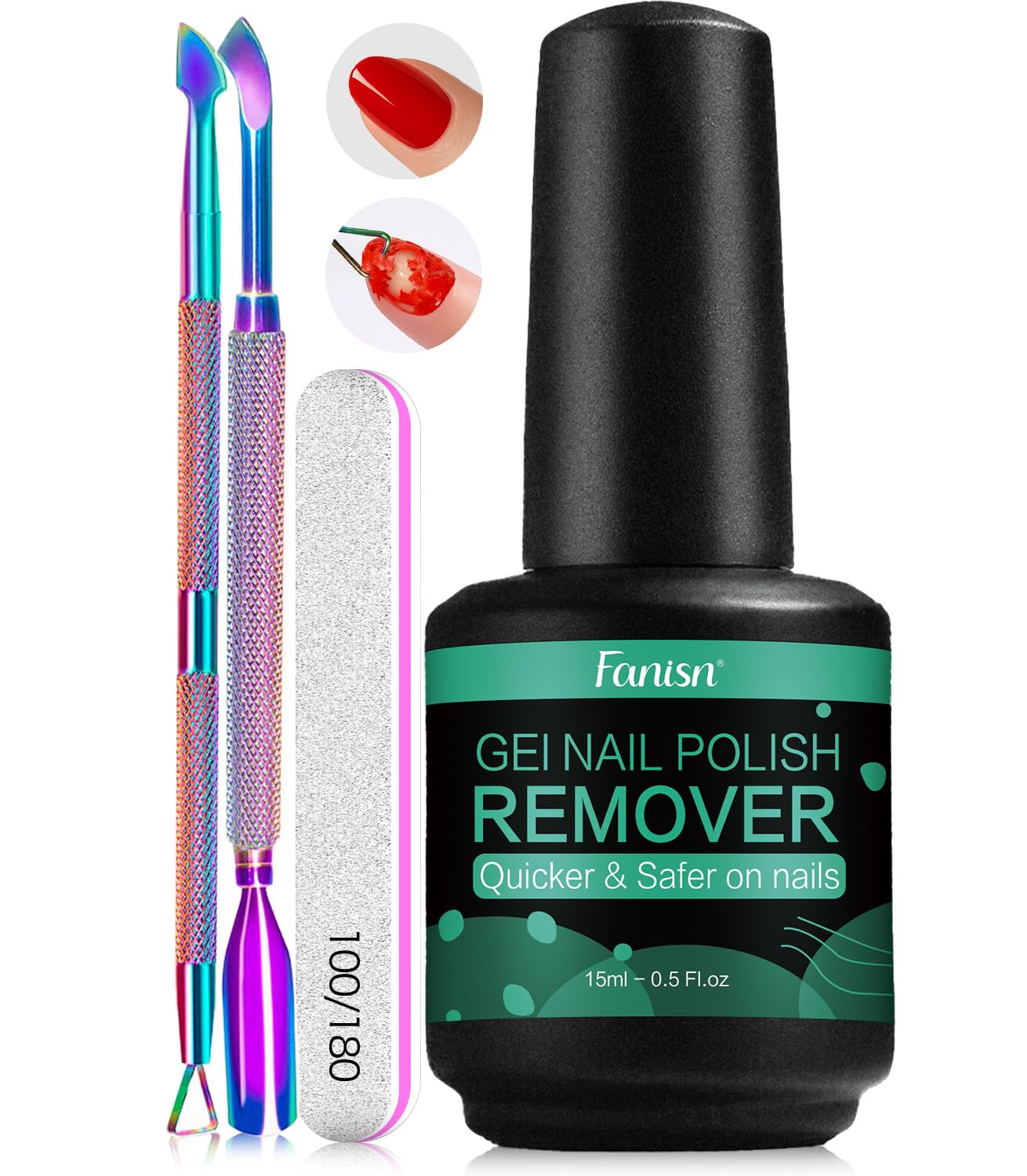 Fanisn Acetone-Free Gel Nail Polish Remover Kit 15ml - Quick 2-5 Min Removal No Foil, Safe for Natural Nails, Includes Tools for Home DIY