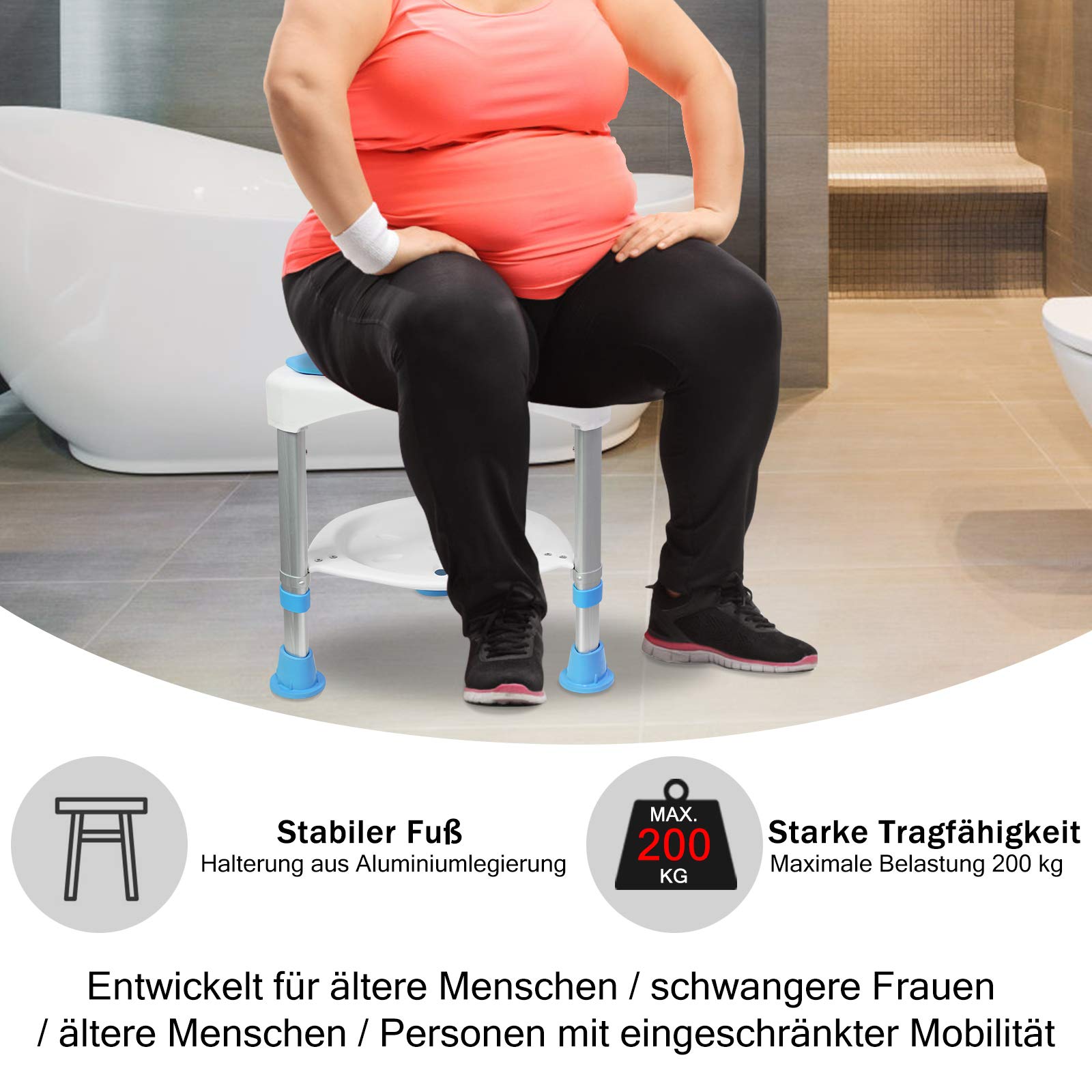 Froadp 360° Girevole Sgabelli da Bagno in Alluminio, Sedile da Doccia Senza Schienale, Sgabello Regolabile in Altezza, Sedia con Piedini Antiscivolo per Anziani Donne Incinte (Tipo C, Carico 200KG)