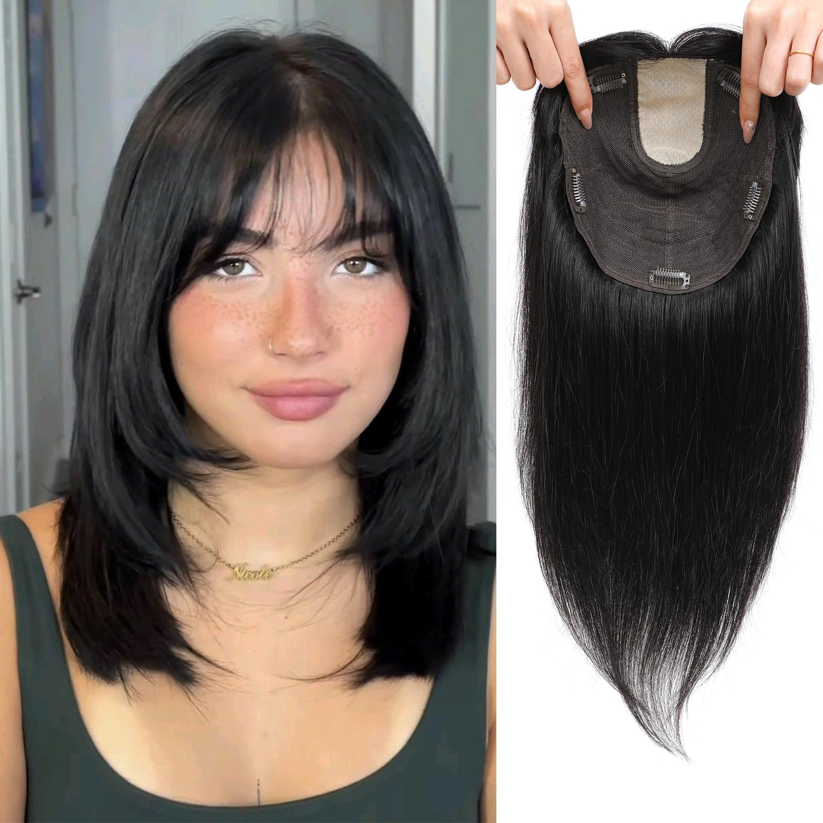 Hair Toppers for Women HairToppers with Bangs 7.5x8 Inch Upgraded Large Base Clip In Bangs HairToppers for Women Real Human Hair Cover GreyHair Roots Add Volume 15inch(Natural Black)