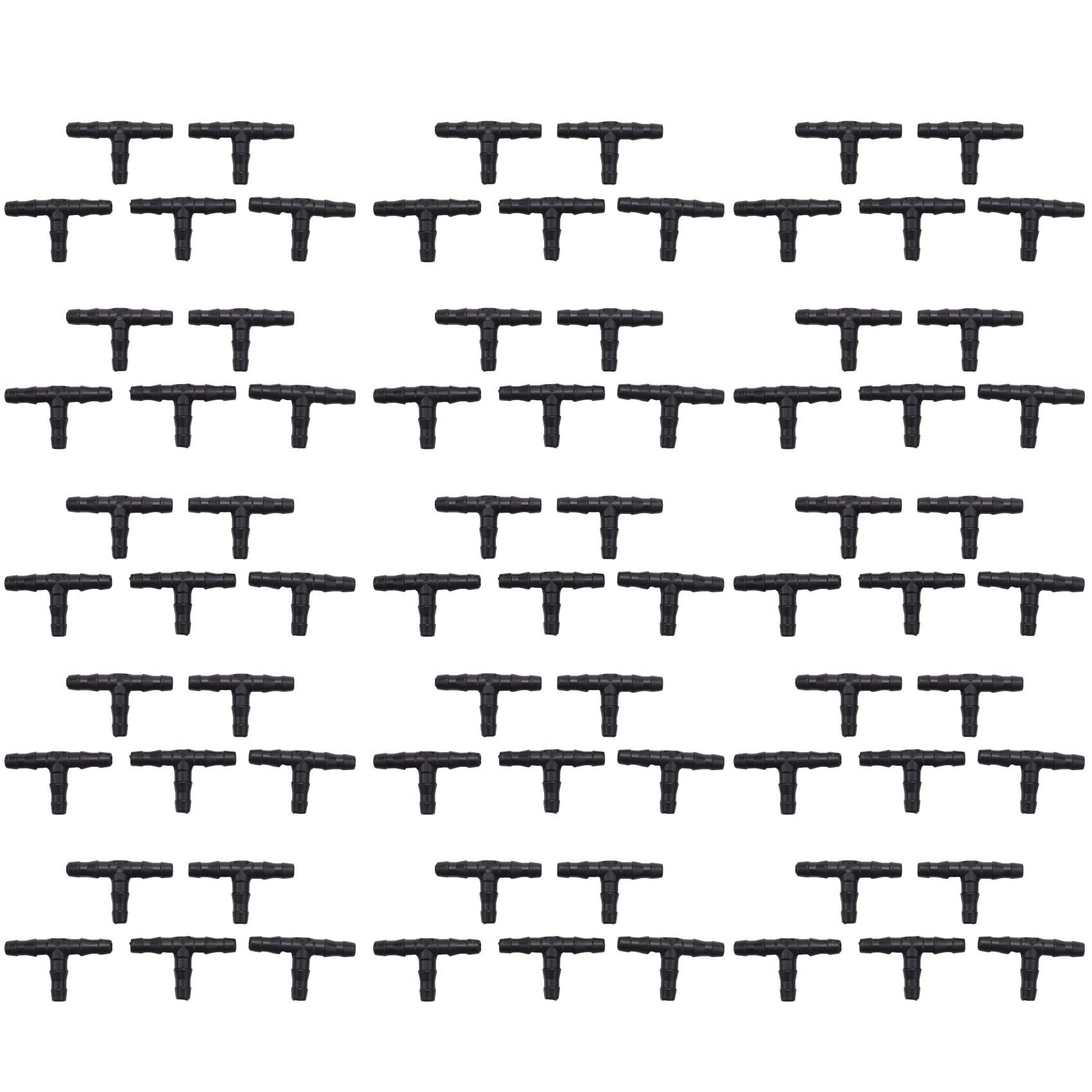 Ctrlzs Drip Irrigation Barbed Connectors, Universal Barbed Tee Fittings 100Pcs, Fits 1/4 Inch Drip Tubing (4/7Mm Tee Pipe)