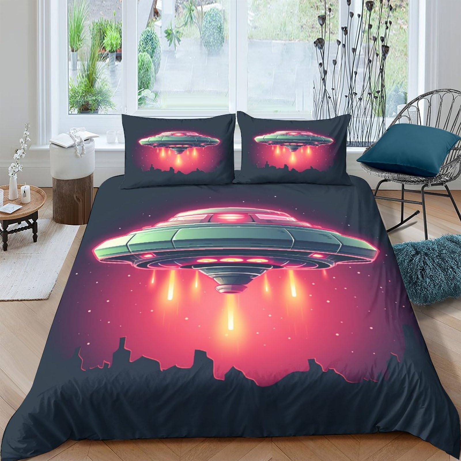Parure de lit soucoupes volantes 3D en microfibre 200x200 cm avec ses deux taies d'oreiller