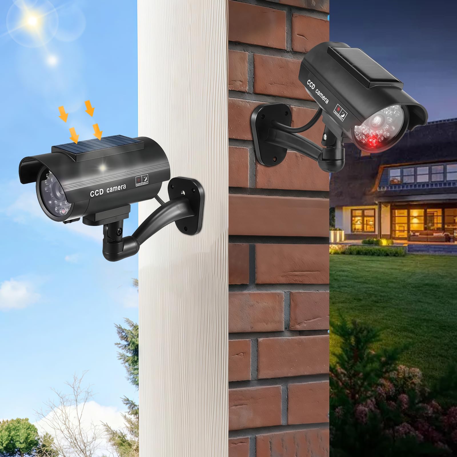 Sporgo 2 pièces Caméra factice Extérieur: Caméra de surveillance factice solaire avec lumière LED rouge clignotante, caméra de surveillance factice caméra de sécurité factice pour intérieur et