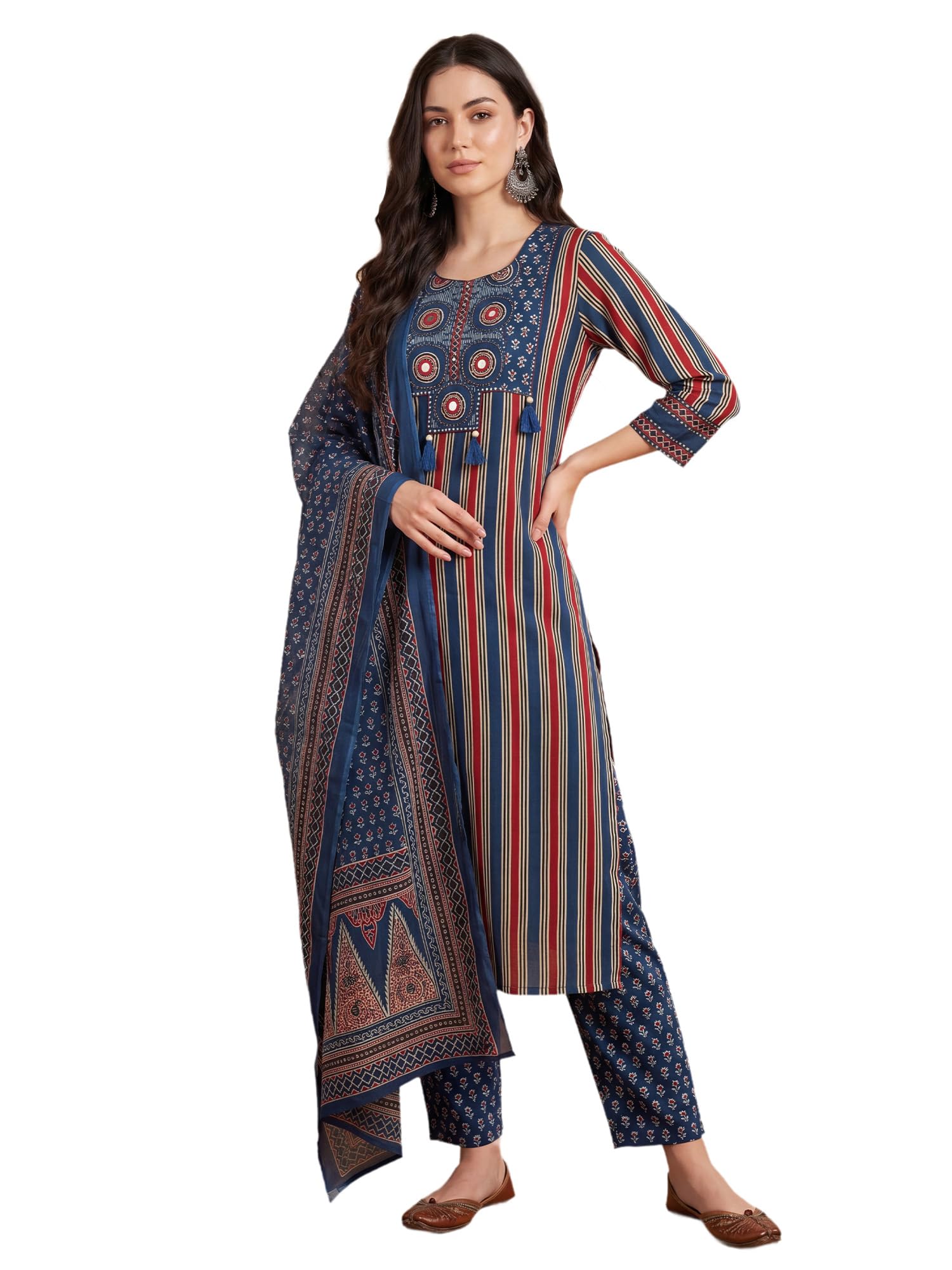 indo era Women's Pure Cotton Striped Printed Mirror Work Kurta & Pant with Dupatta Set (IEAI13068)|Kurti For Woman-picture-32