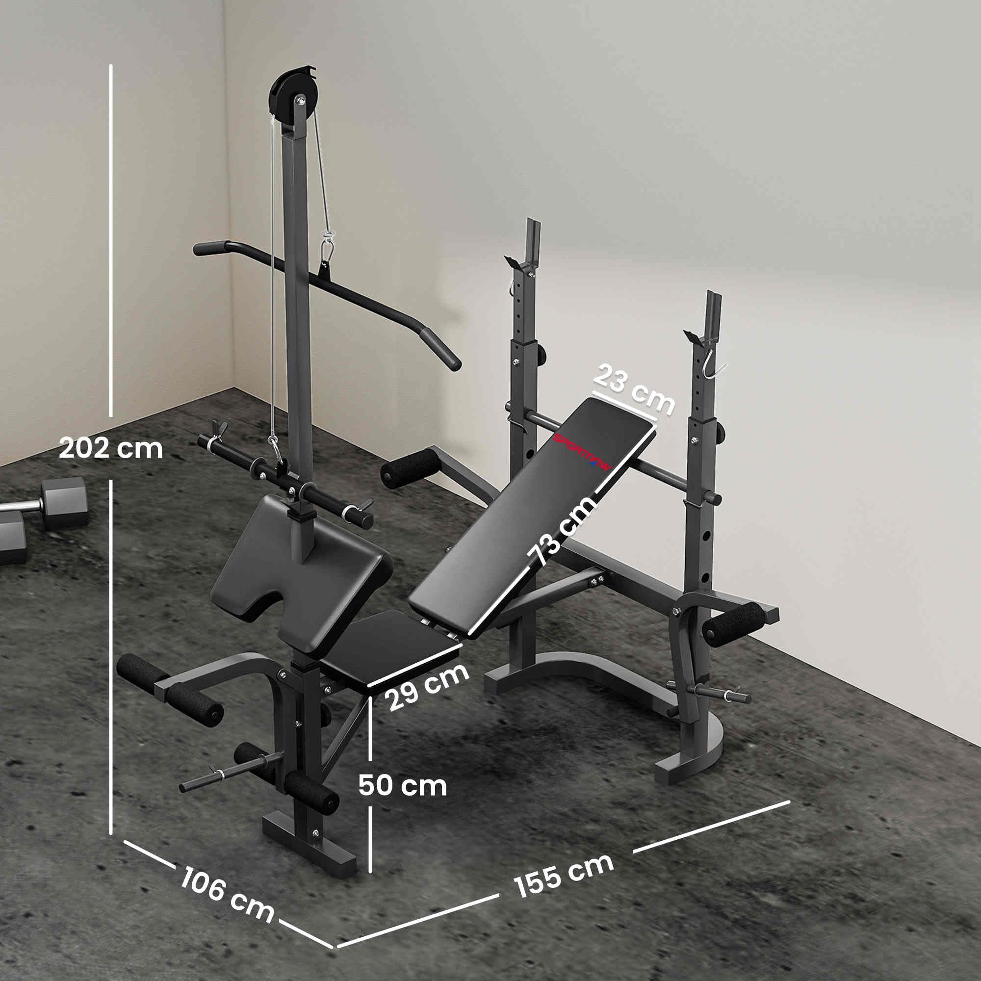 SPORTNOW Panca Palestra Multifunzione Regolabile con Rack Bilanciere, Panca Preacher Curl, Panca Pesi Inclinabile Piana con Leg Extension, Barra Lat Pull Down, Allenamento Palestra Casa, Nero