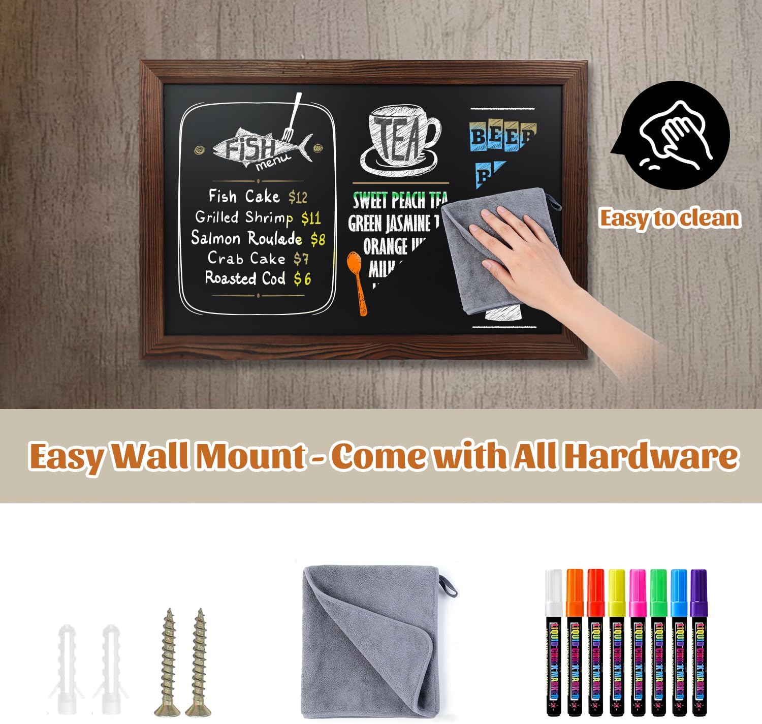 Magnetic Chalkboard for Wall, 24 x 36 Inch Solid Wood Framed Brown Magnetic Board, Wall Mounted Chalk Board for Kitchen, Restaurant, Food Truck and Calendar Board