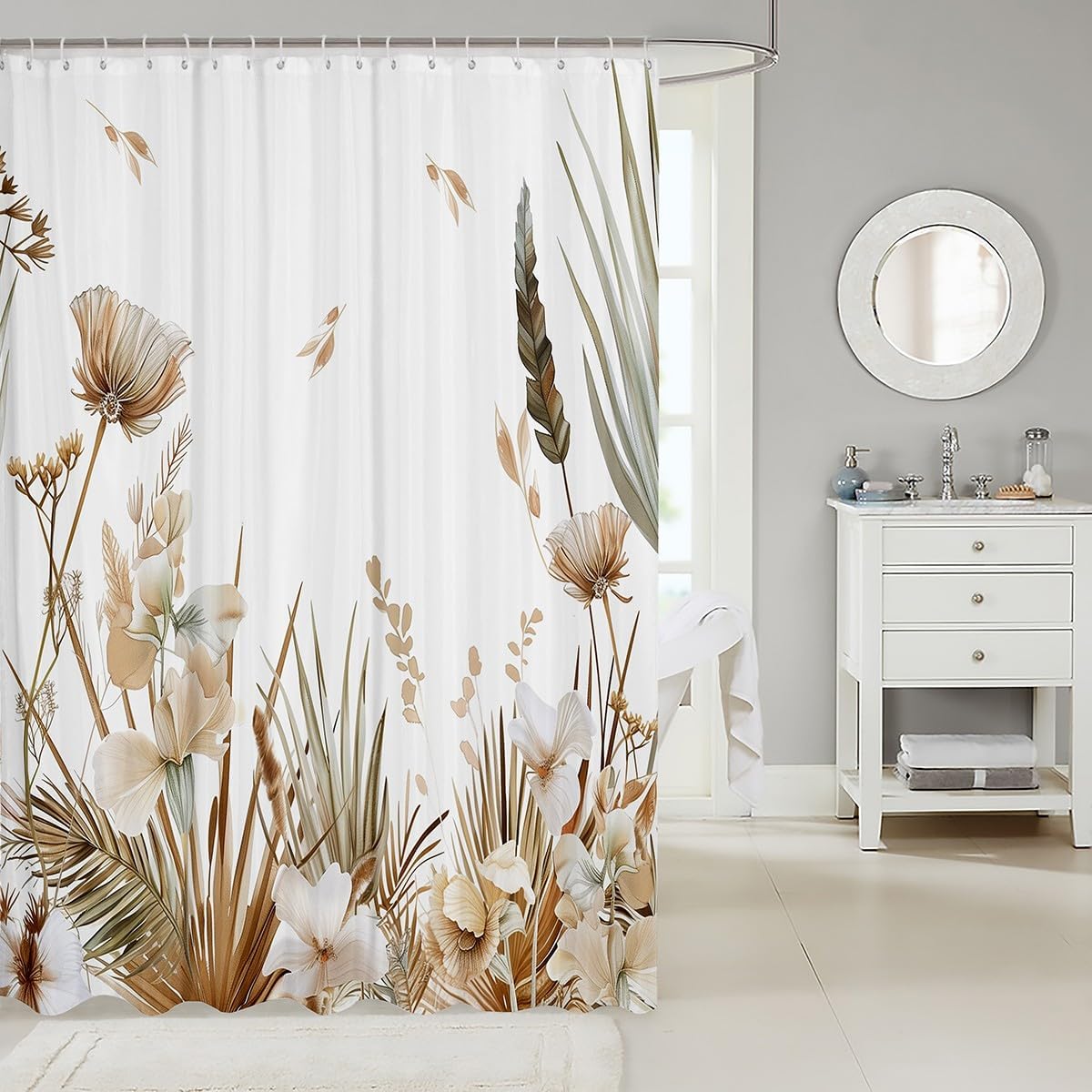 jejeloiu Brown Floral Leaves Shower Curtain for Bathroom Decor 72"x78" Kids Bath Curtain Boys Girls Boho Bohemian Bathroom Accessories Spring Wildflower Waterproof Polyester Fabric,12 Hooks Suits