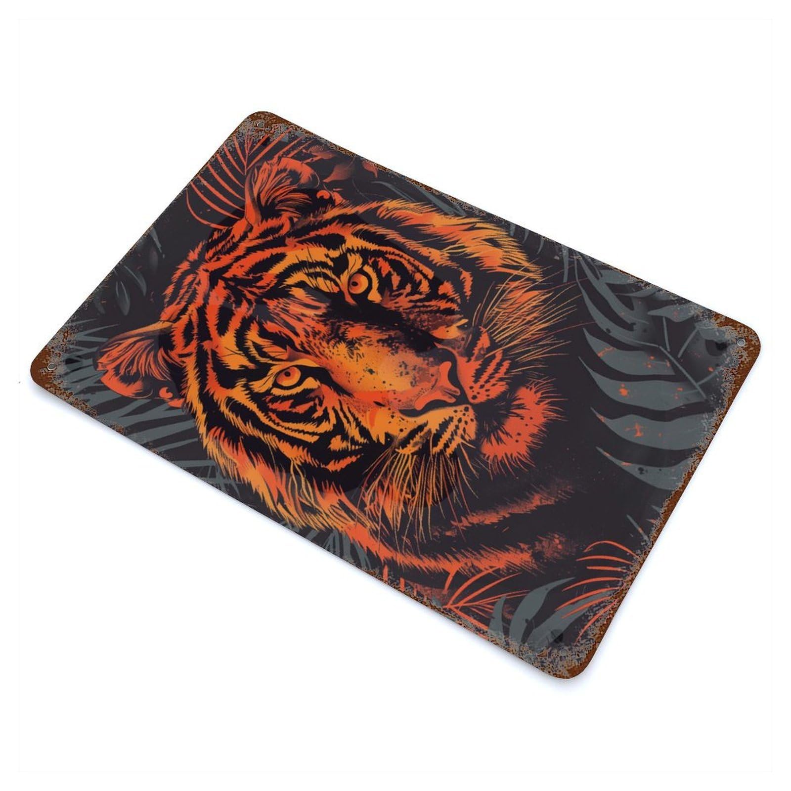 Fierce Tiger Vector Portrait with Jungle Backdrop Distressed Metal Wall Sign 11.8"x7.9", Ideal for Garage, Bar And Workshop Decor