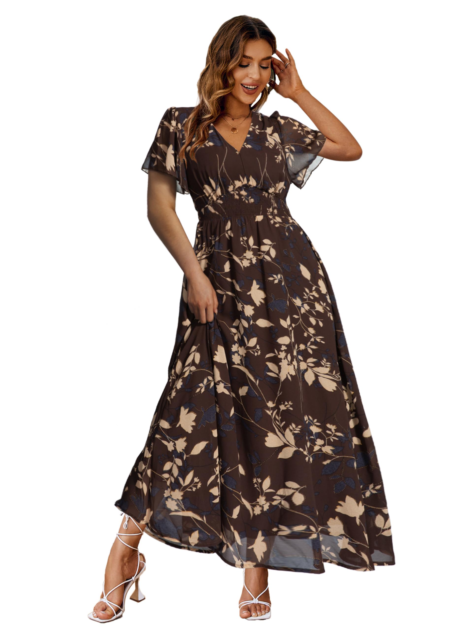 Simplee Women's Boho Floral Maxi Dress Flowy Casual V Neck Short Sleeve Wedding Guest Holiday Beach Long Dress