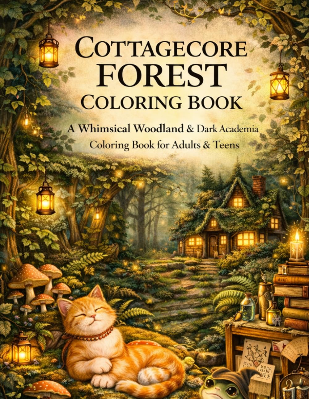 CottageCore Forest Cats Coloring Book: A Dark Aesthetic Journey into a Cat's Fantasy Nature with Whimsical Mushrooms, Moody Mossy Forests, Frogs, and Hidden Woodland Treasures