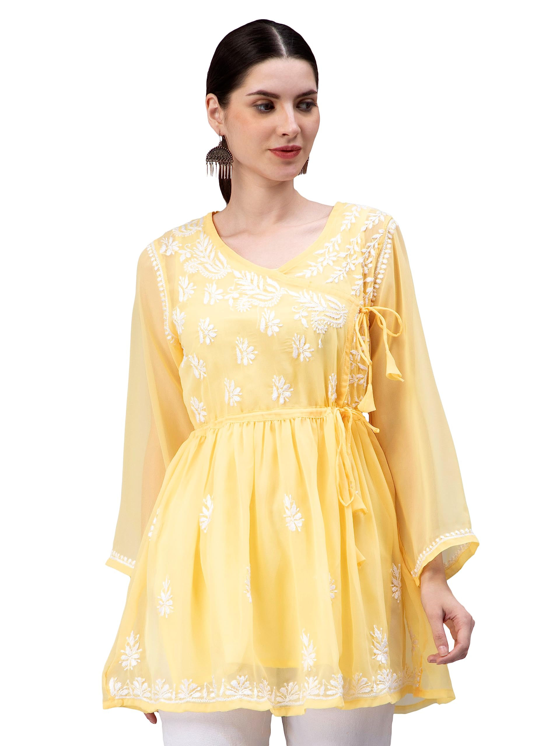 seva chikan Hand Embroidered Lucknowi Chikankari Light Blue Angarkha Georgette Women Short Top & Tunic with Slip SCL9064-picture-40