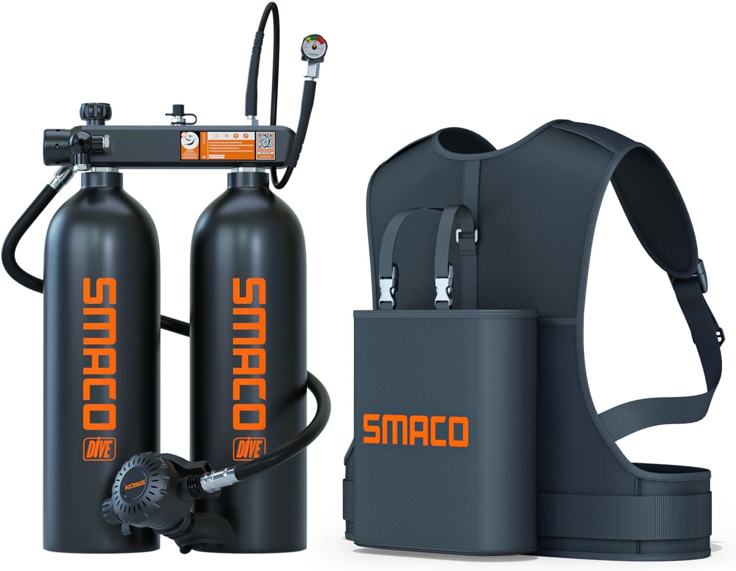SMACO Mini Scuba Tank 3.8L Diving Tank (Assembled by Two 1.9L Cylinders) Reusable Small Twin 1.9L Lung Air Tank Kit Diving Scuba Tank for Diving Entertainment/Underwater Work S700 Max