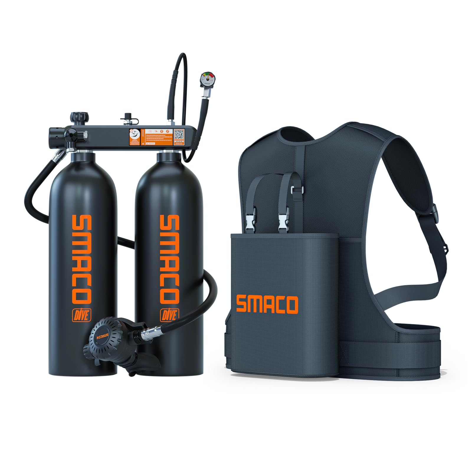 SMACO Mini Scuba Tank 3.8L Scuba Diving Tank (Assembled by Two 1.9L Cylinders) for Shallow Water Diving Support 30-45 Minutes Breath Portable Scuba Tank Kit for Diving Entertainment/Underwater Work