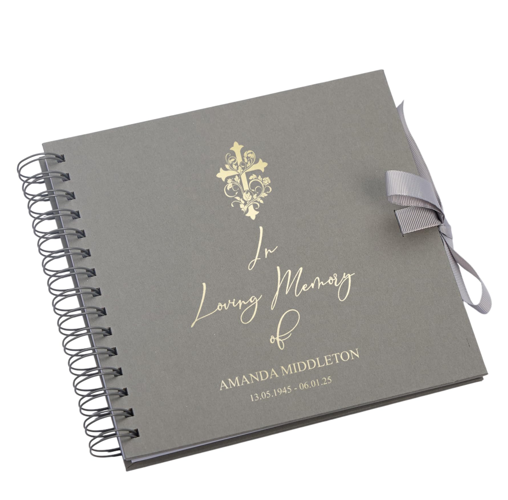 Personalised In Loving Memory Book, Spiral Bound Memorial Album, Customisable Memory Keepsake for Funeral Services With Cross (Grey)