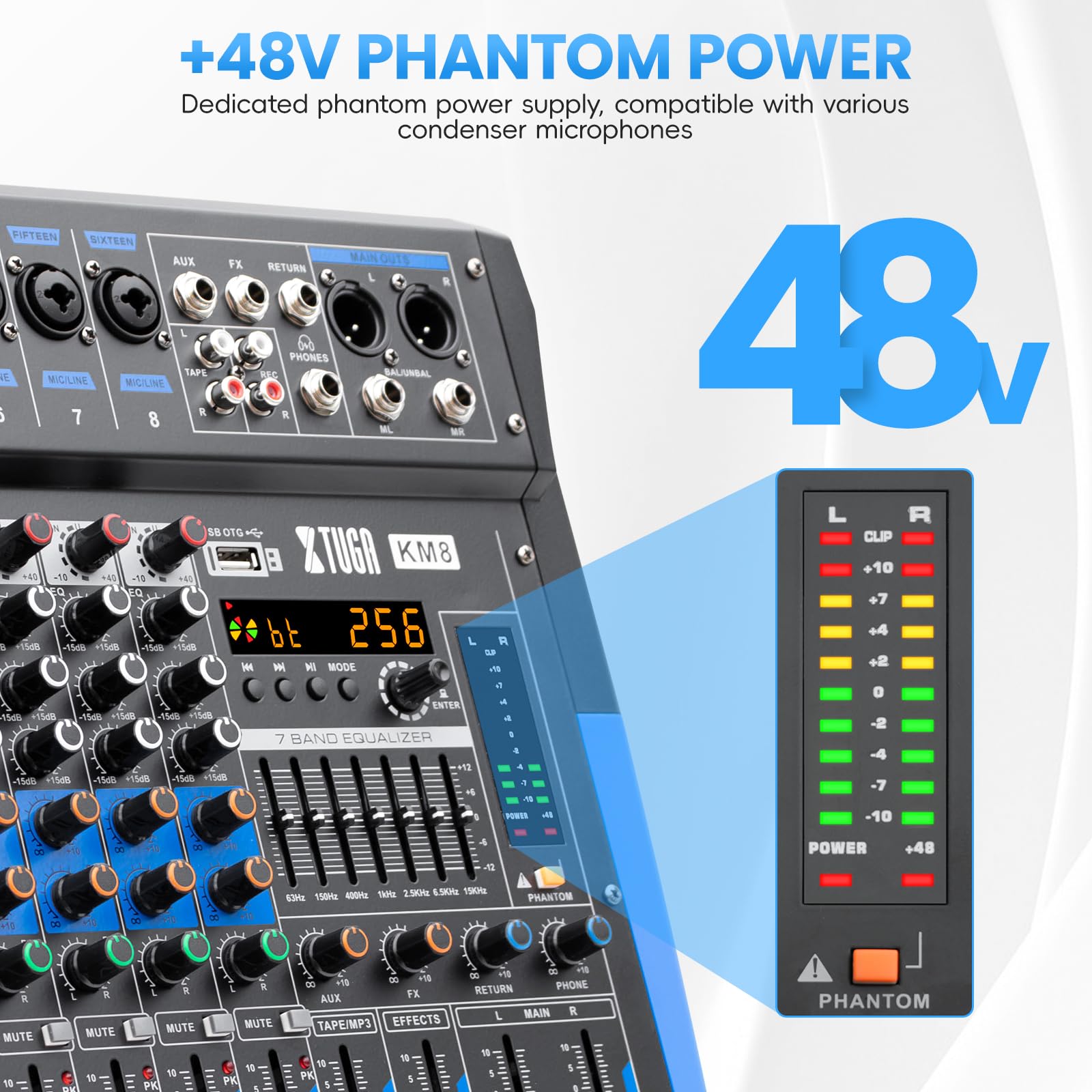 XTUGA KM8 - Mezclador de audio profesional de 8 canales, compatible con Bluetooth/USB/MP3, alimentación fantasma de 48 V, efecto DSP 256 para grabación de PC, karaoke, rendimiento de escenario