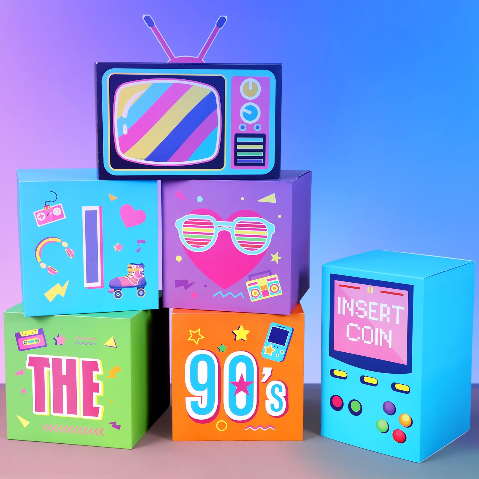 Amyhill 6 Pcs Large 90s Party Decorations Hip Hop Favor Set Paper Party Boxes Novelty Disco Theme Decoration for Retro 1980s 1990s Theme Birthday Neon Disco Music Supplies