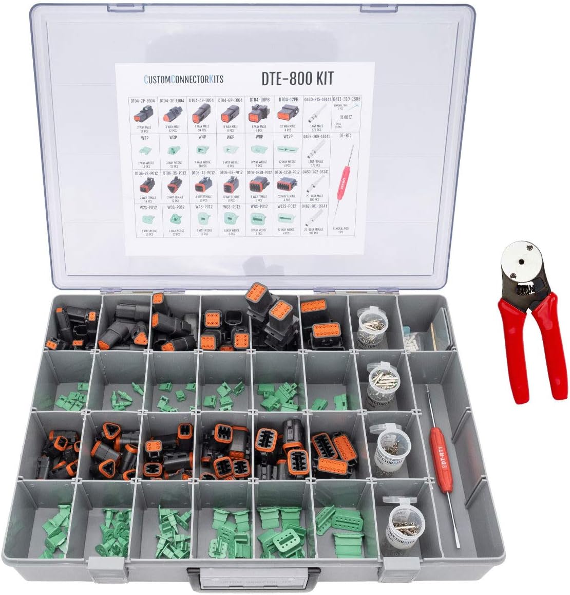 Deutsch DT Enhanced Sealed Pro Connector Kit DTE-800 Black with Crimp Tool: Black Enhanced Sealed Automotive Electrical Connectors 14-20 Gauge 800 Piece Kit with 4-Way Indent Crimp Tool