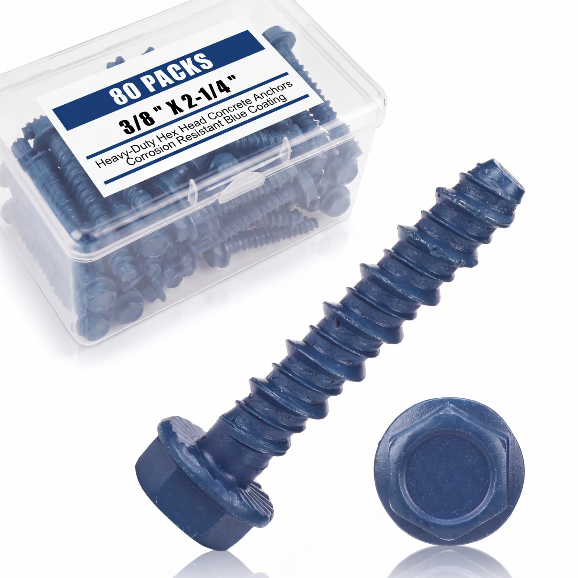 Therwen Confezione da 80 tasselli per calcestruzzo da 9,5 x 6,3 cm, testa esagonale con rondella esagonale, zincati di grande diametro, resistenti ancoraggi per calcestruzzo, mattoni e blocchi, blu