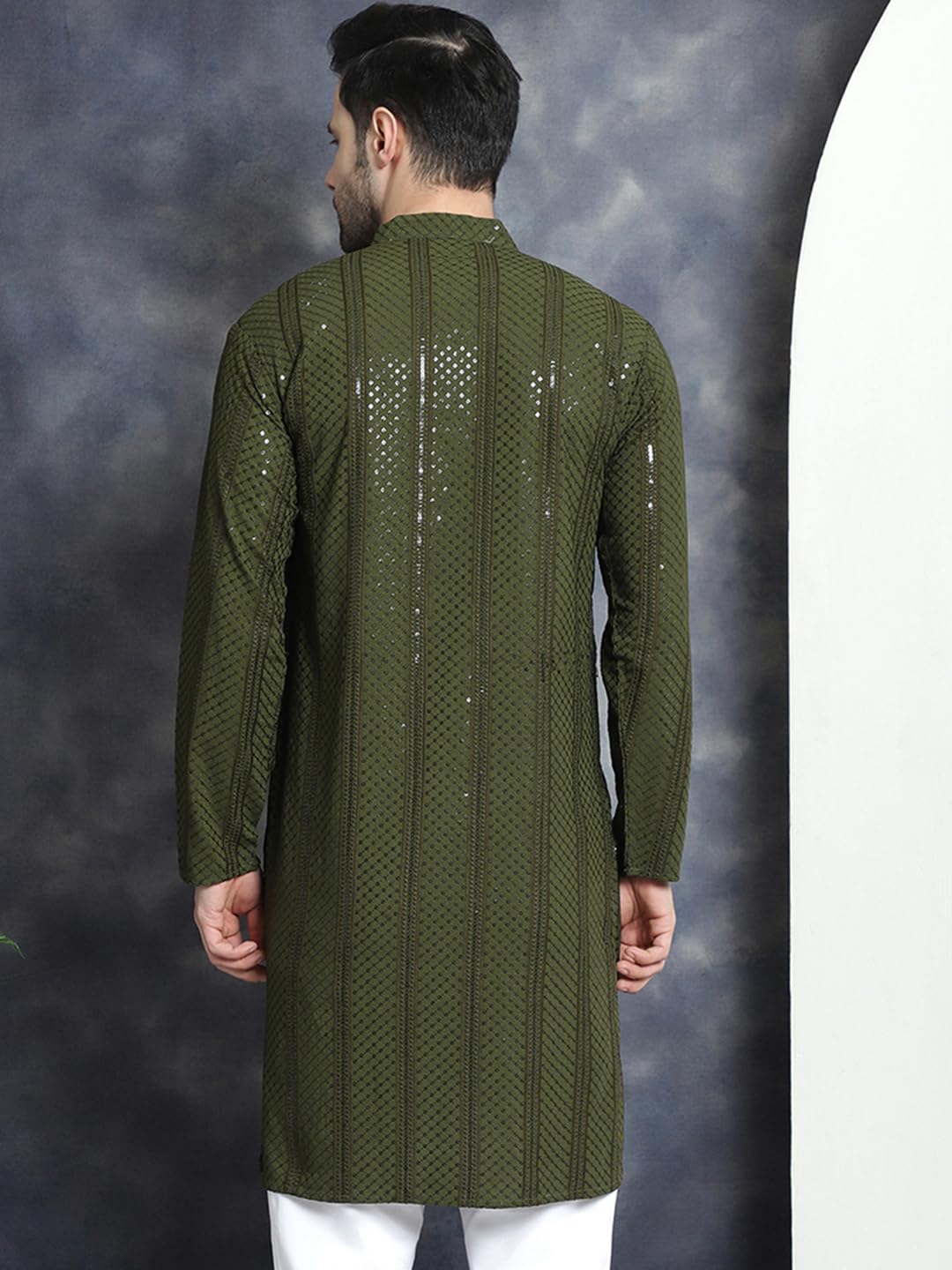 Jompers Men's Sequins Chikankari Embroidered Kurtas (Mehndi, S)