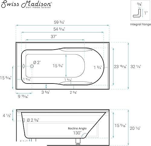 Miniatura 9 de Bastille 60 pulg. x 32 in. Acrílico Blanco Brillante, Alcove, Integral, Drenaje Izquierdo, Bañera Delantal