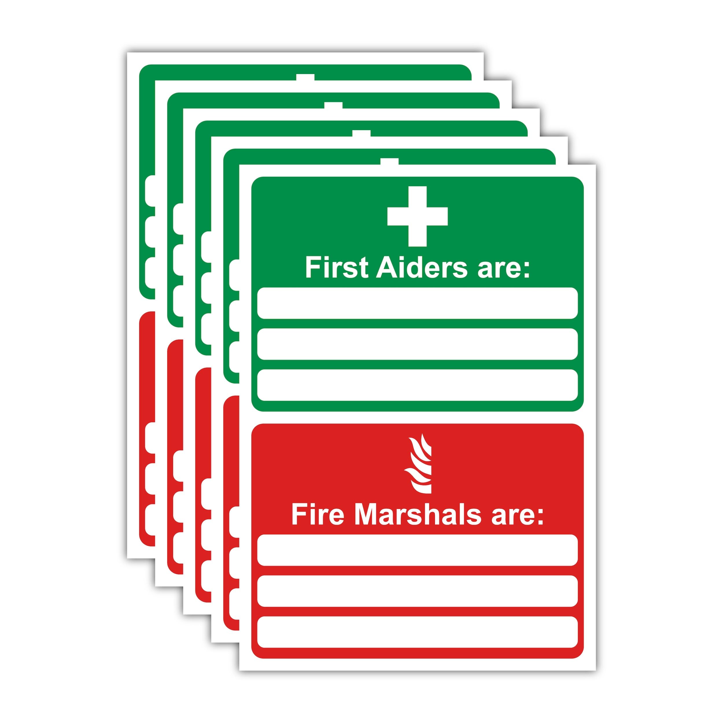 Set of 5 First Aid and Fire Safety Signs – A5 148 x 210mm Self-Adhesive Polypropylene Labels & Stickers for Workplace First Aiders & Fire Marshals