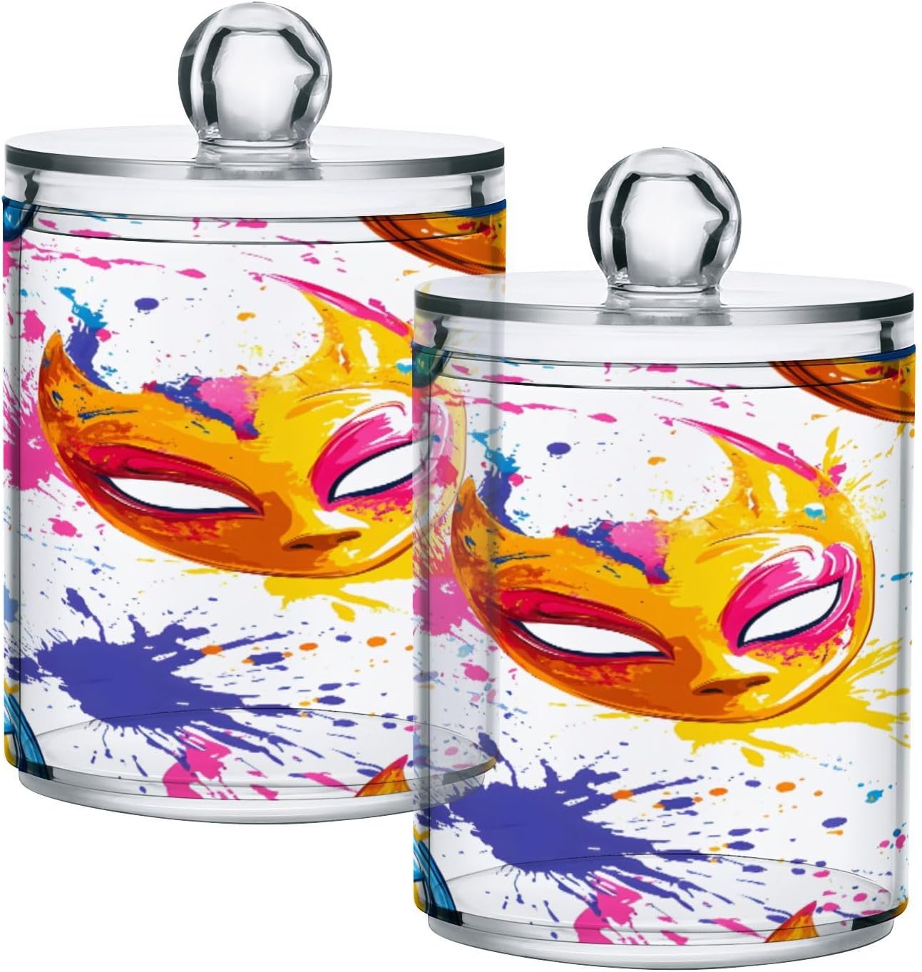 Carnival Masks and Colorful Splashes Apothecary Jars with Lid, 14 oz Qtip Holder Dispenser Vanity Canister Plastic Storage Jar for Qtips Cotton Ball Cotton Swab Hair Clips, 2 Pack