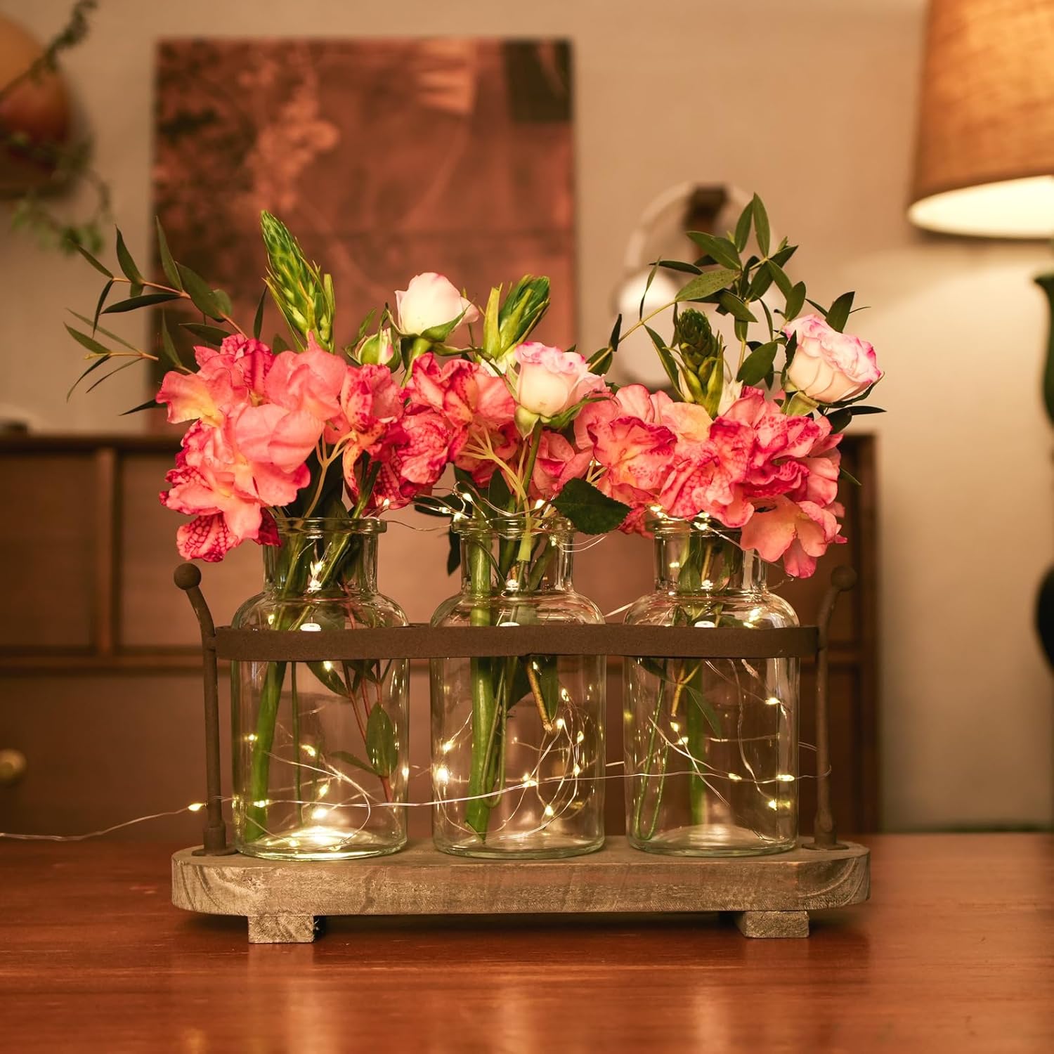Vase Set with Flower and LED Lights, 3 Jars with Artificial Flowers, Rustic Wood Tray, Farmhouse Table Decor - Image 3