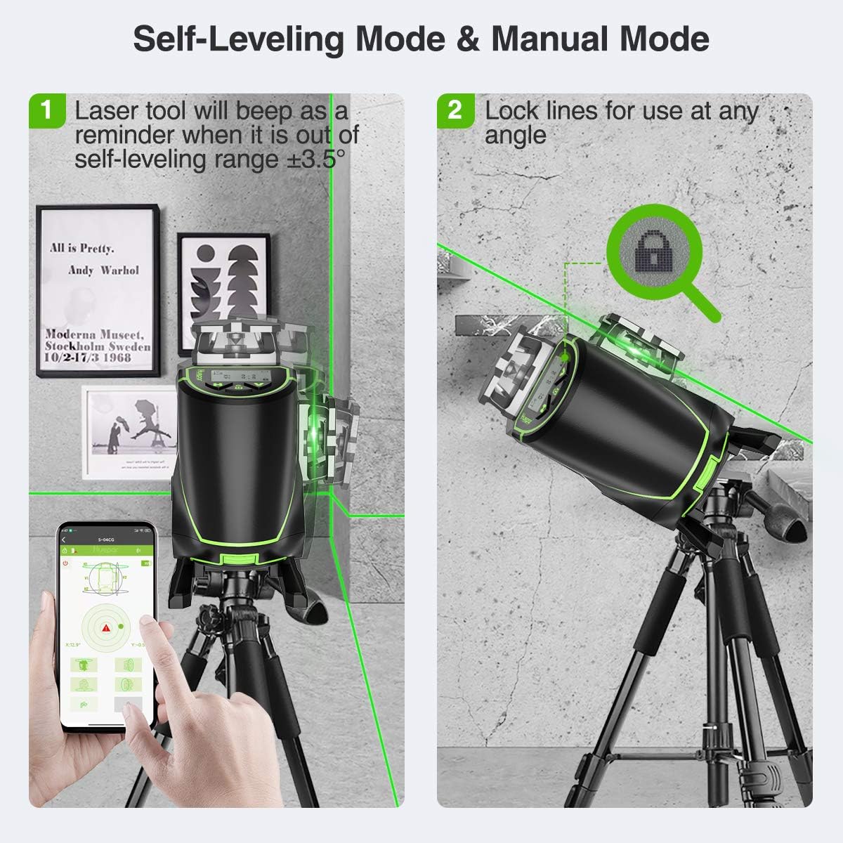 Huepar 16 Lines Self-Leveling Laser Level 4 x 360°Cross Line Laser with LCD Screen, 4D Bluetooth Green Beam Tiling Floor Laser Tool -360°Horizontal/Vertical Laser -Remote Control&Hard Carry Case S04CG - - 
