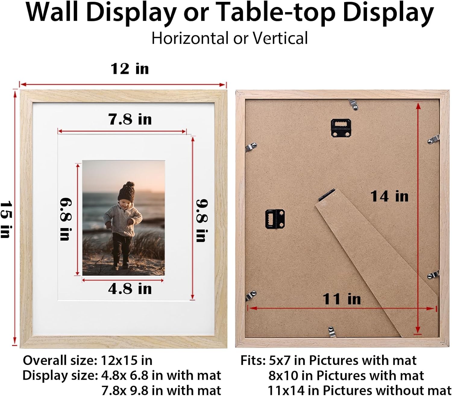 KINLINK 11x14 Picture Frame Natural, Solid Wood Frames 14x11 with Acrylic Plexiglass for Pictures 5x7/8x10 with Mat or 11x14 without Mat, Tabletop and Wall Display Photo Frame Set of 4 - Image 6